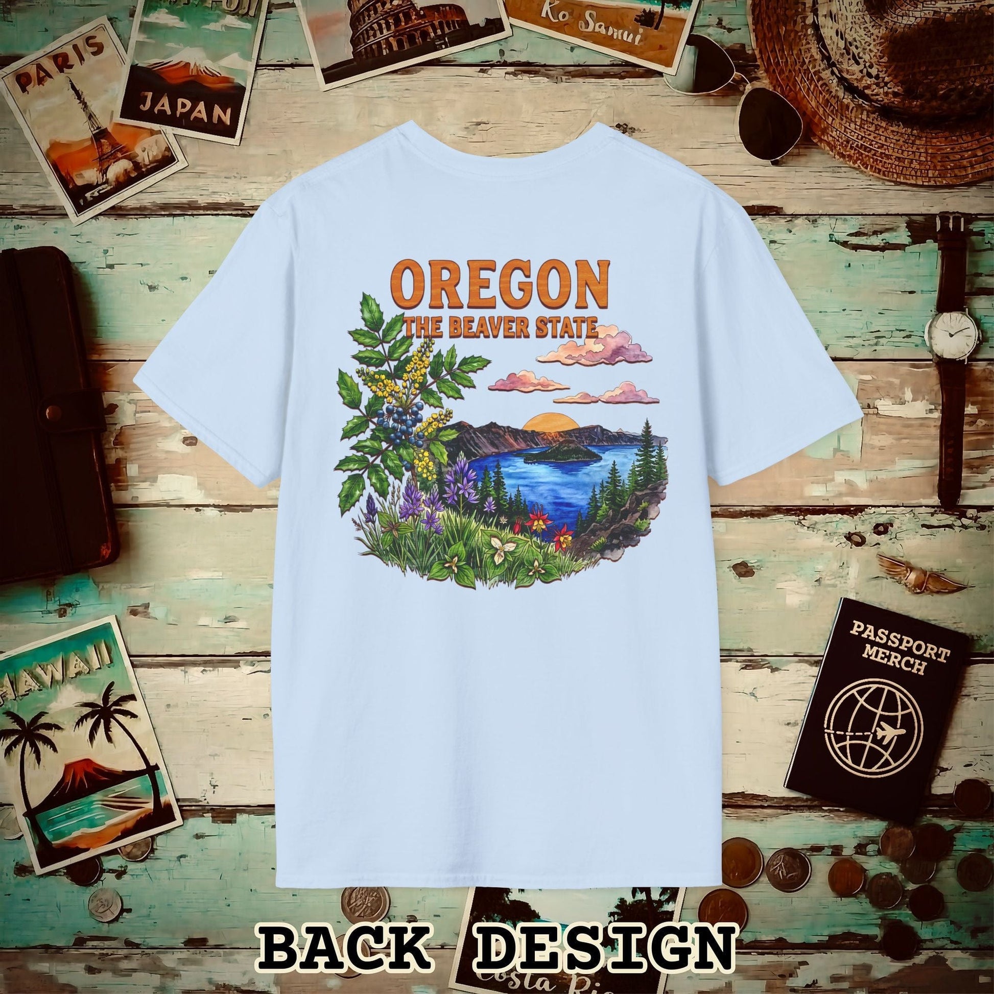 Oregon Flowers in Watercolored Oak Back Print T-Shirt Light Blue / S