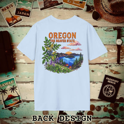 Oregon Flowers in Watercolored Oak Back Print T-Shirt Light Blue / S