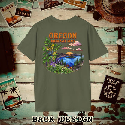 Oregon Flowers in Watercolored Oak Back Print T-Shirt Military Green / S