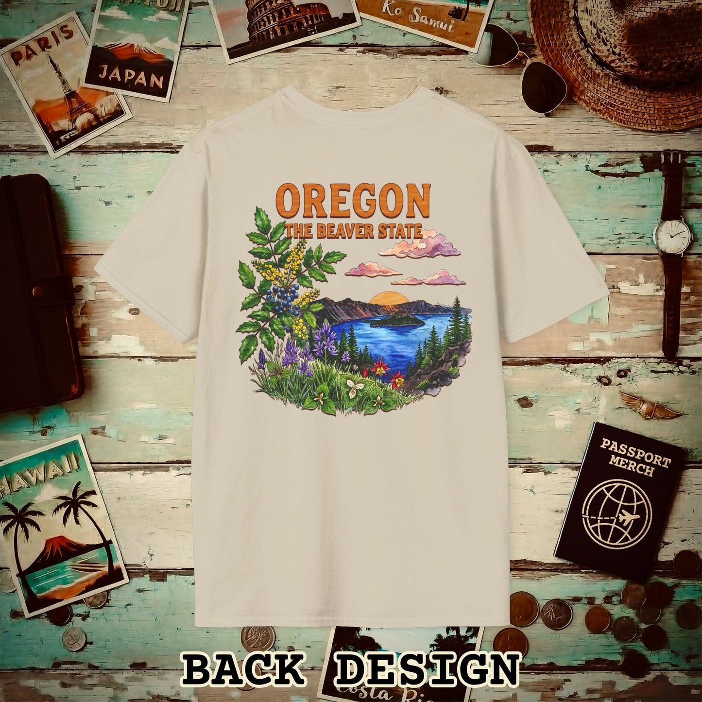 Oregon Flowers in Watercolored Oak Back Print T-Shirt Sand / S