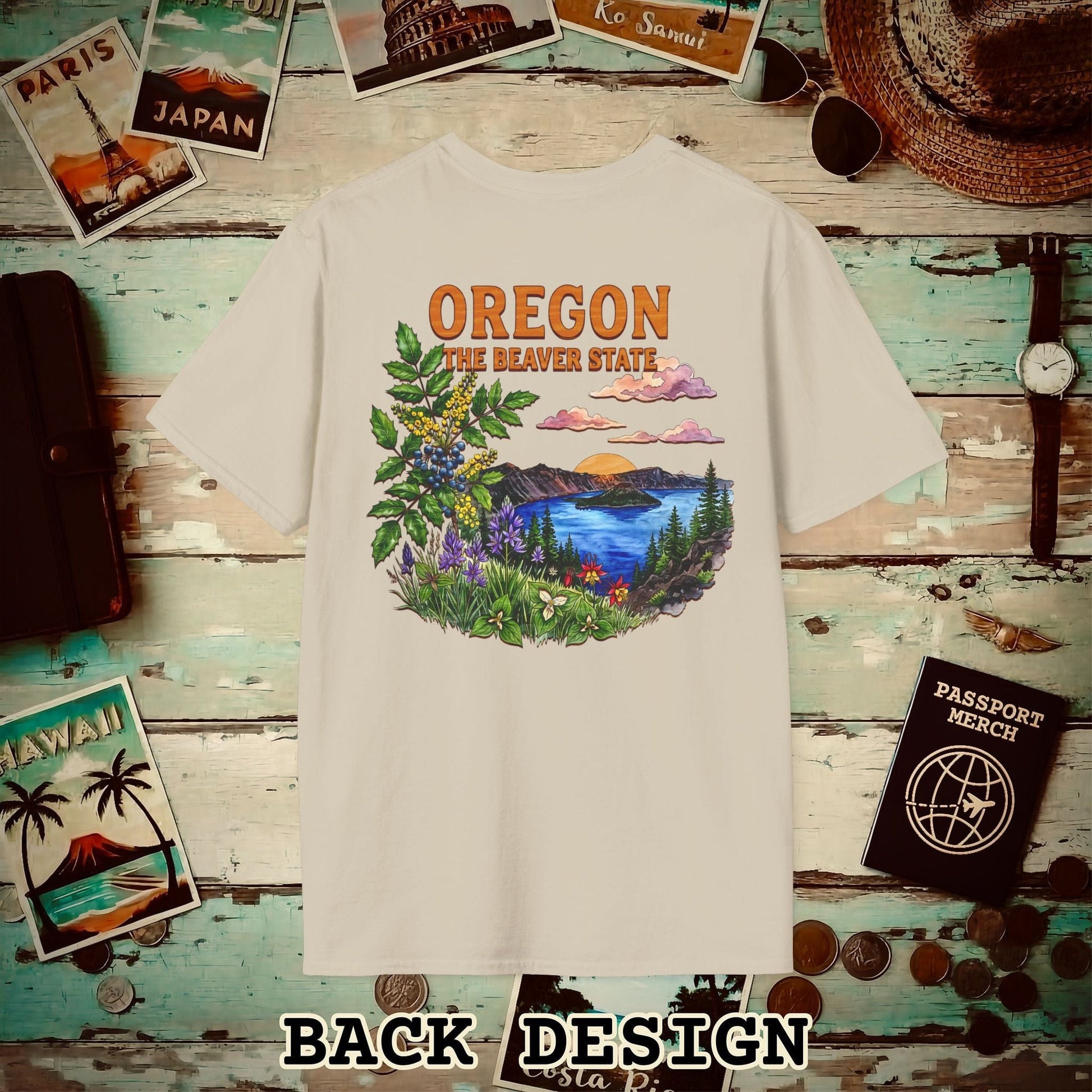 Oregon Flowers in Watercolored Oak Back Print T-Shirt Sand / S