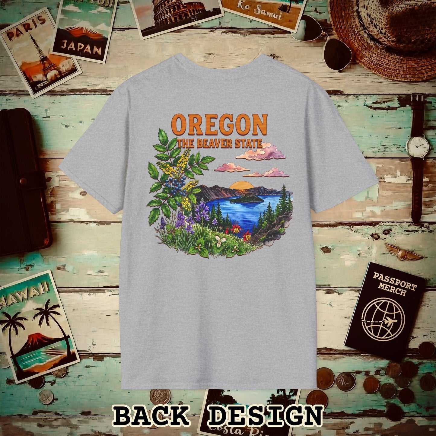 Oregon Flowers in Watercolored Oak Back Print T-Shirt Sport Grey / S