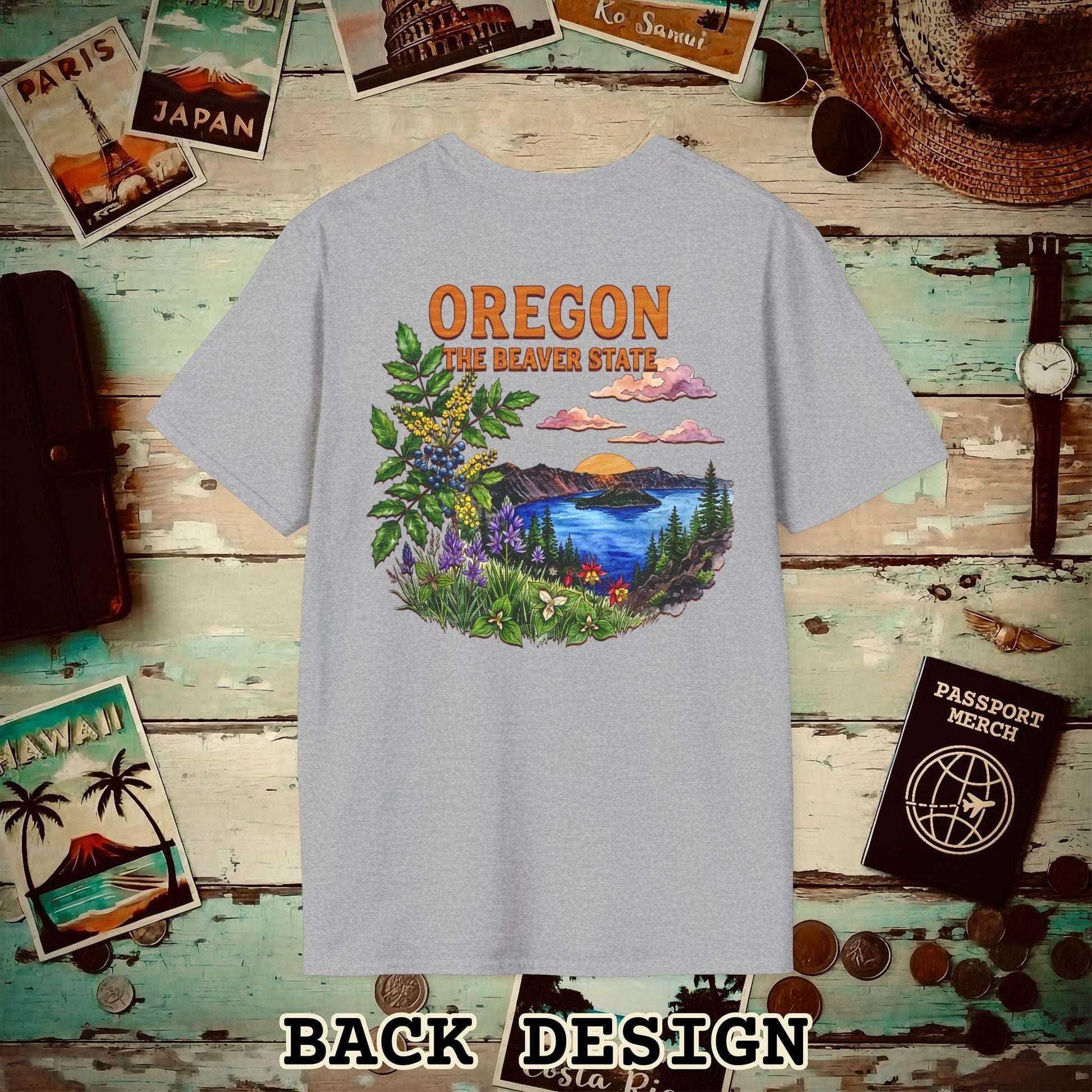 Oregon Flowers in Watercolored Oak Back Print T-Shirt Sport Grey / S