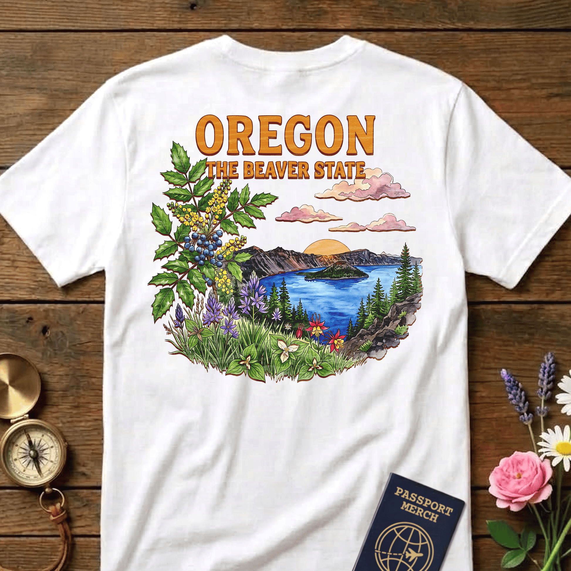 Oregon Flowers in Watercolored Oak Back Print T-Shirt White / S