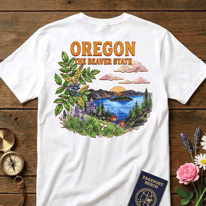 Oregon Flowers in Watercolored Oak Back Print T-Shirt White / S