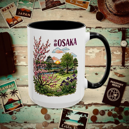 Osaka Flowers in Watercolored Oak, Japan 15oz Mug Black / 15oz