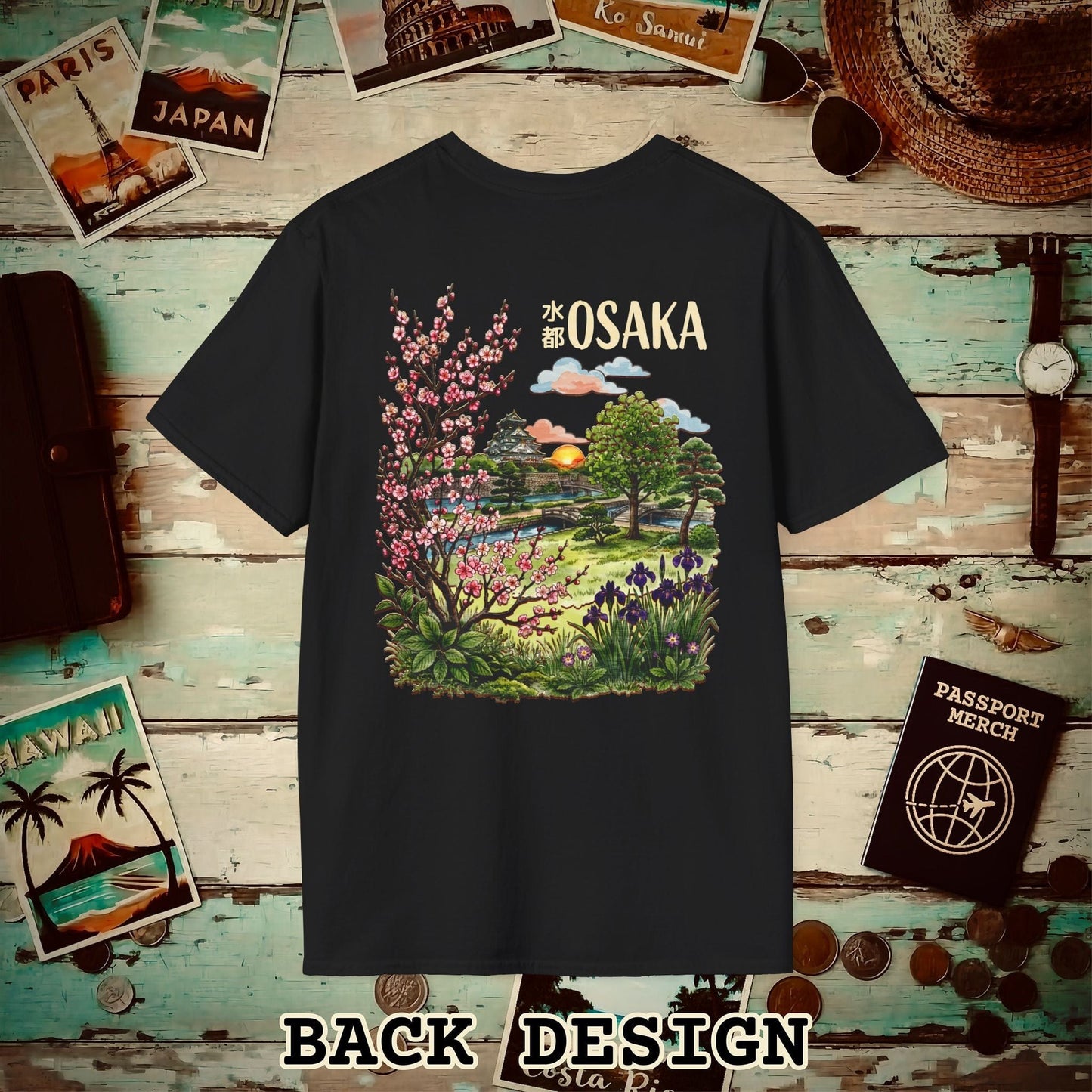 Osaka Flowers in Watercolored Oak, Japan Back Print T-Shirt Black / S