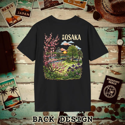 Osaka Flowers in Watercolored Oak, Japan Back Print T-Shirt Black / S