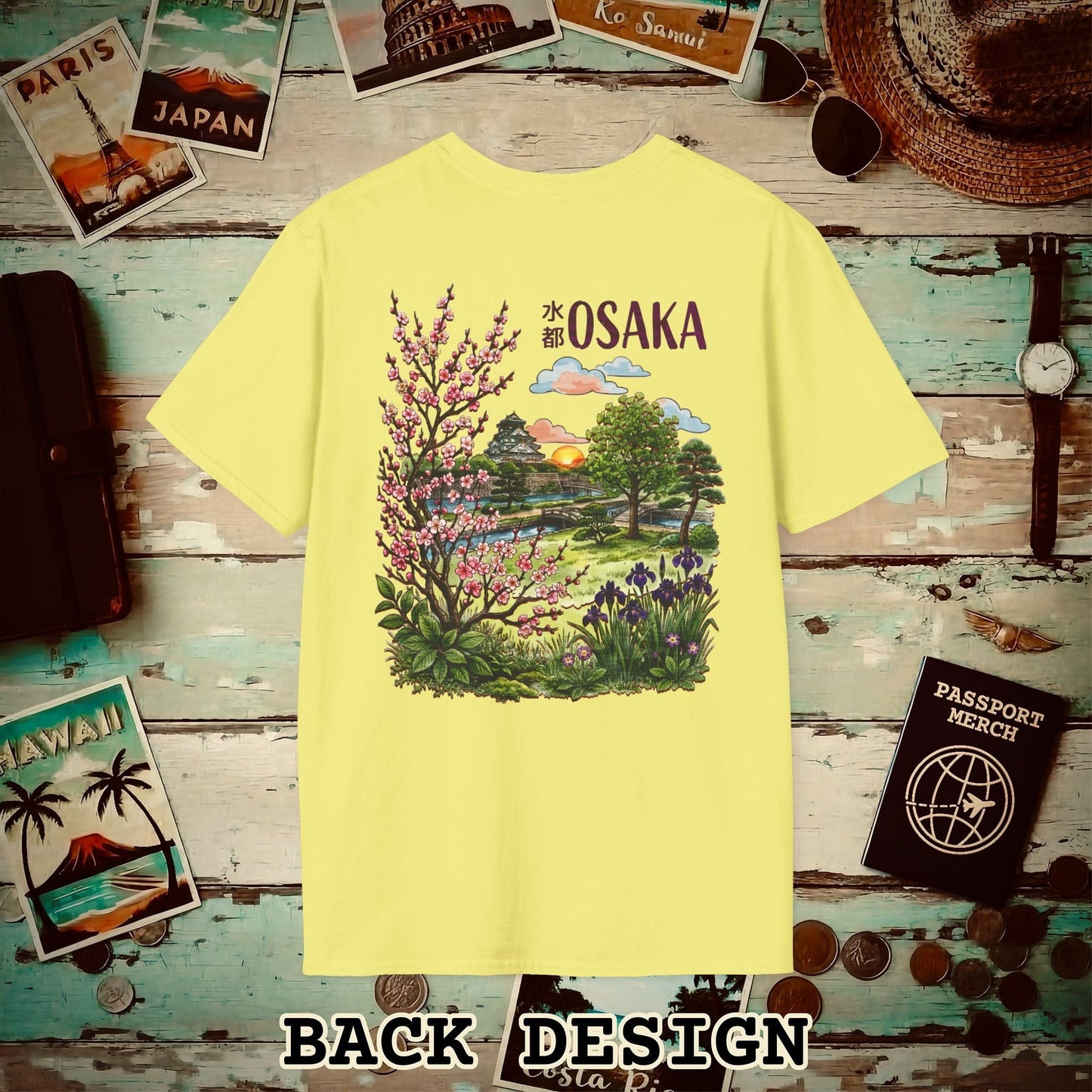 Osaka Flowers in Watercolored Oak, Japan Back Print T-Shirt Cornsilk / S