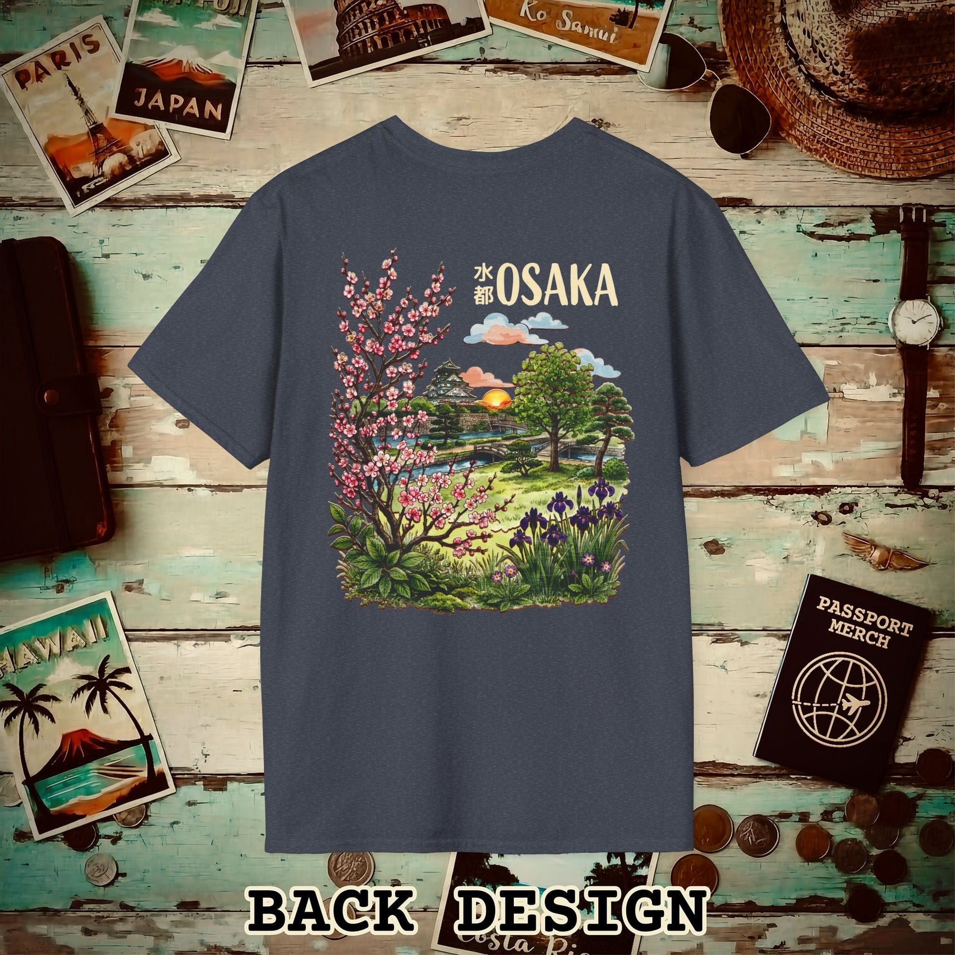 Osaka Flowers in Watercolored Oak, Japan Back Print T-Shirt Heather Navy / S