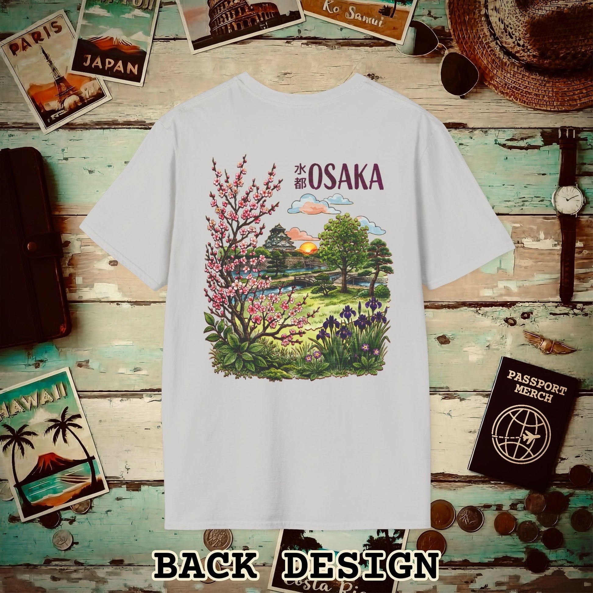 Osaka Flowers in Watercolored Oak, Japan Back Print T-Shirt Ice Grey / S