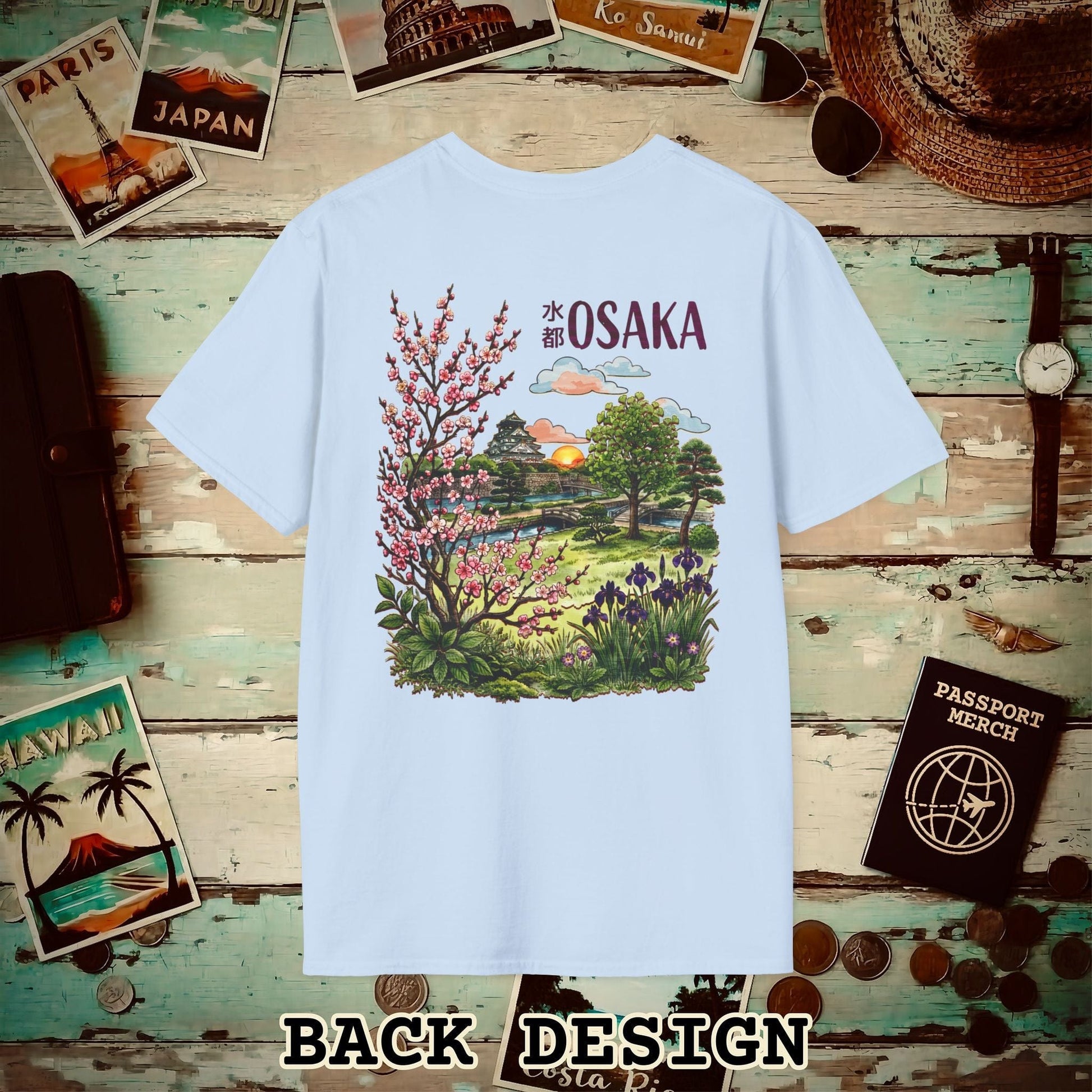 Osaka Flowers in Watercolored Oak, Japan Back Print T-Shirt Light Blue / S