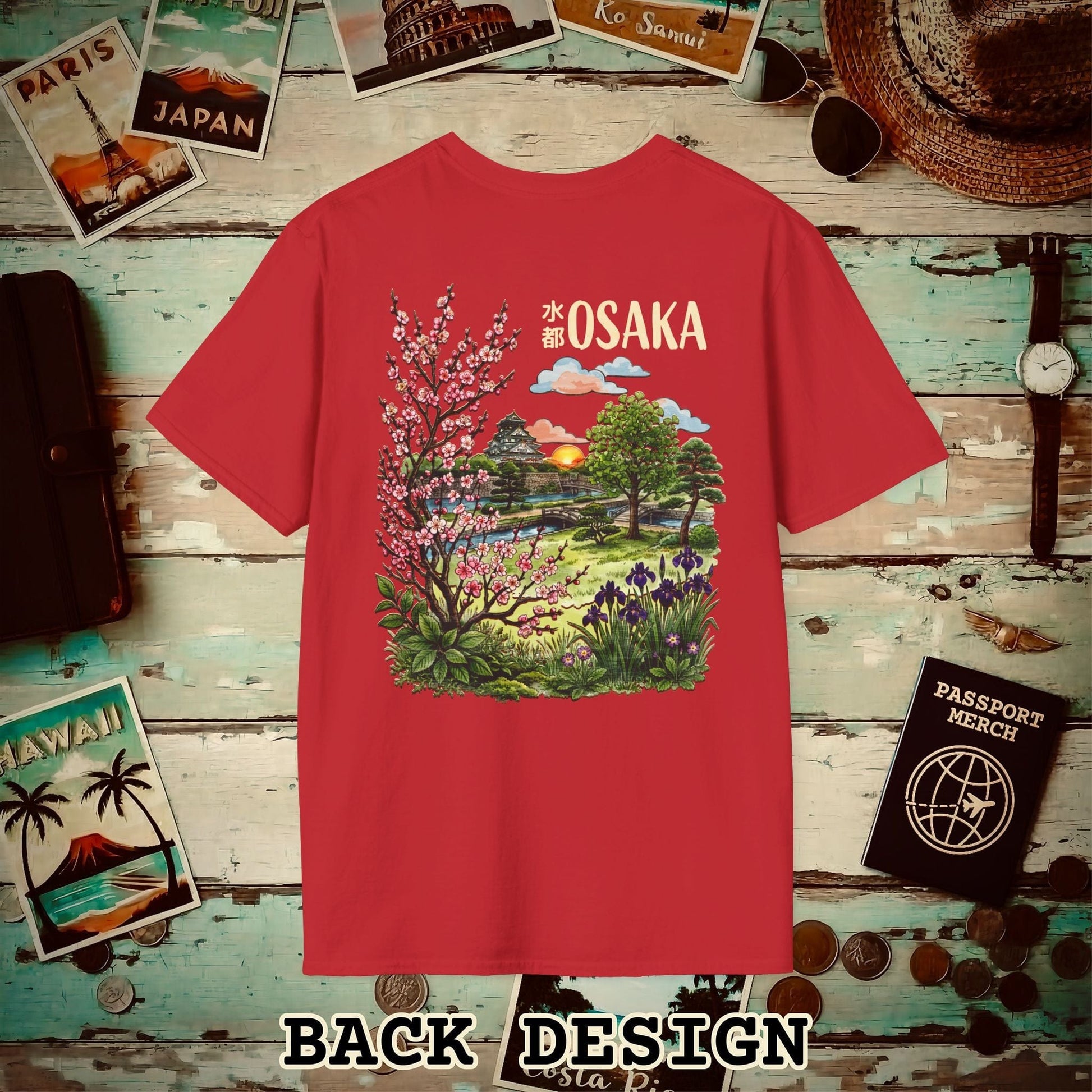 Osaka Flowers in Watercolored Oak, Japan Back Print T-Shirt Red / S