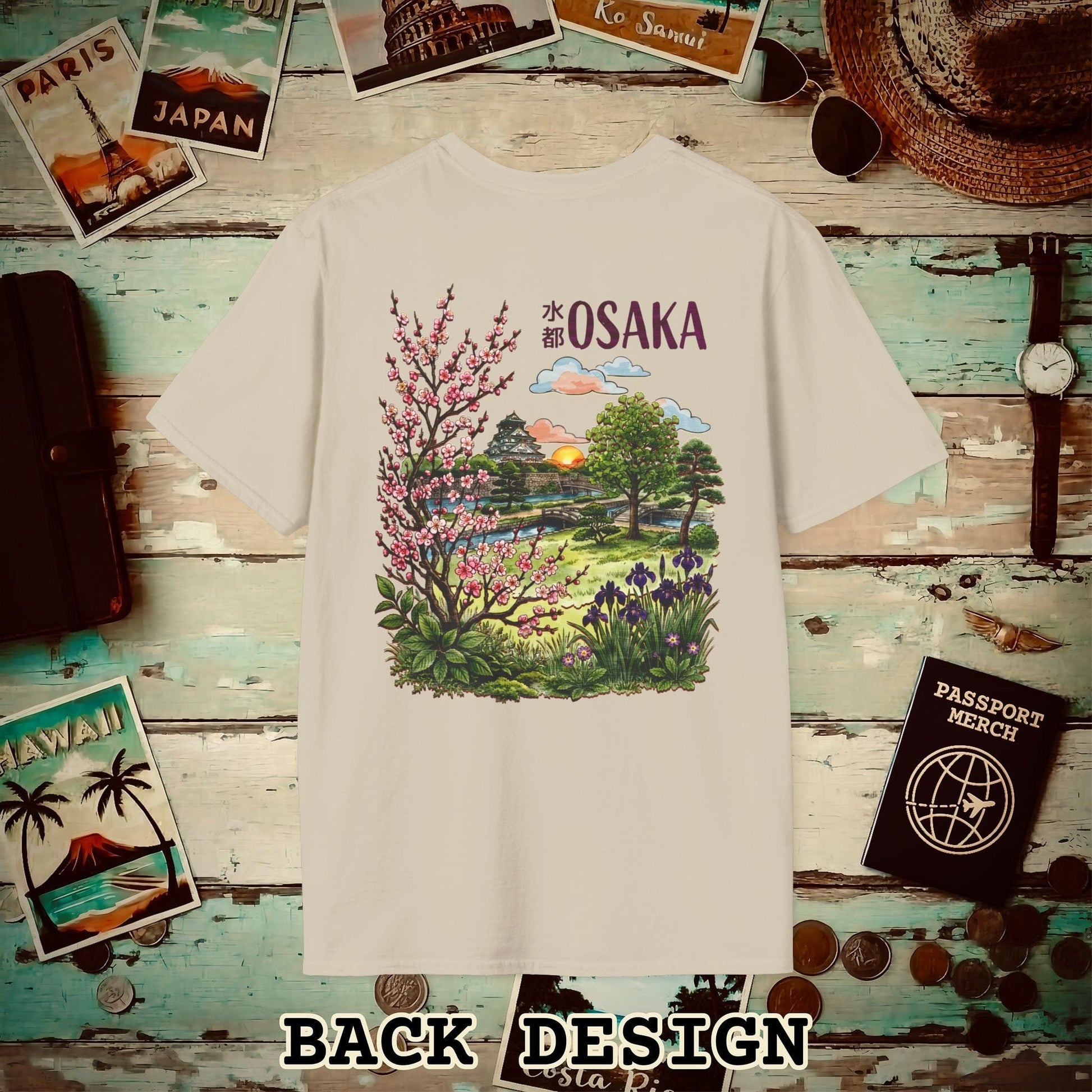 Osaka Flowers in Watercolored Oak, Japan Back Print T-Shirt Sand / S