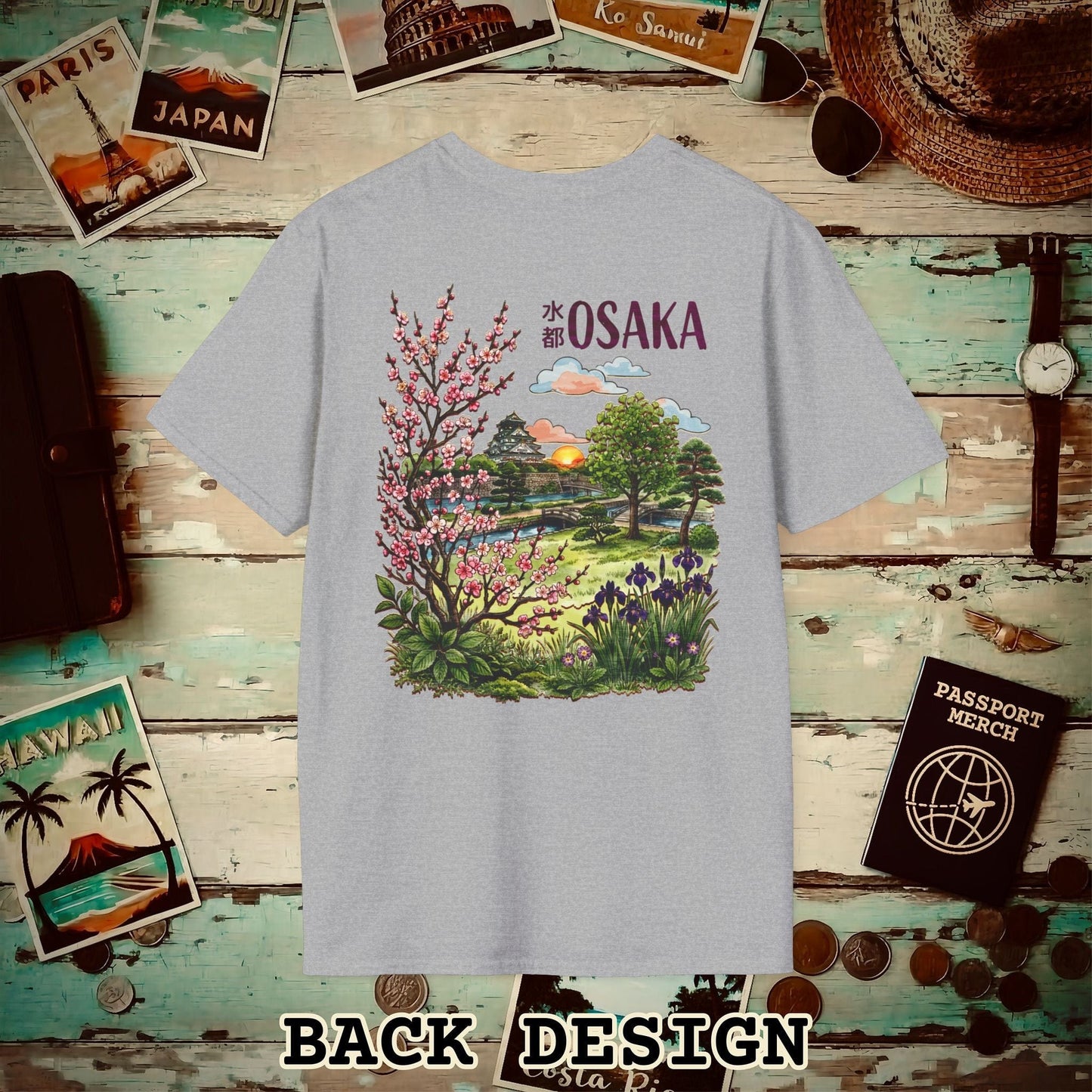 Osaka Flowers in Watercolored Oak, Japan Back Print T-Shirt Sport Grey / S