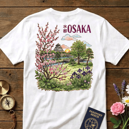 Osaka Flowers in Watercolored Oak, Japan Back Print T-Shirt White / S