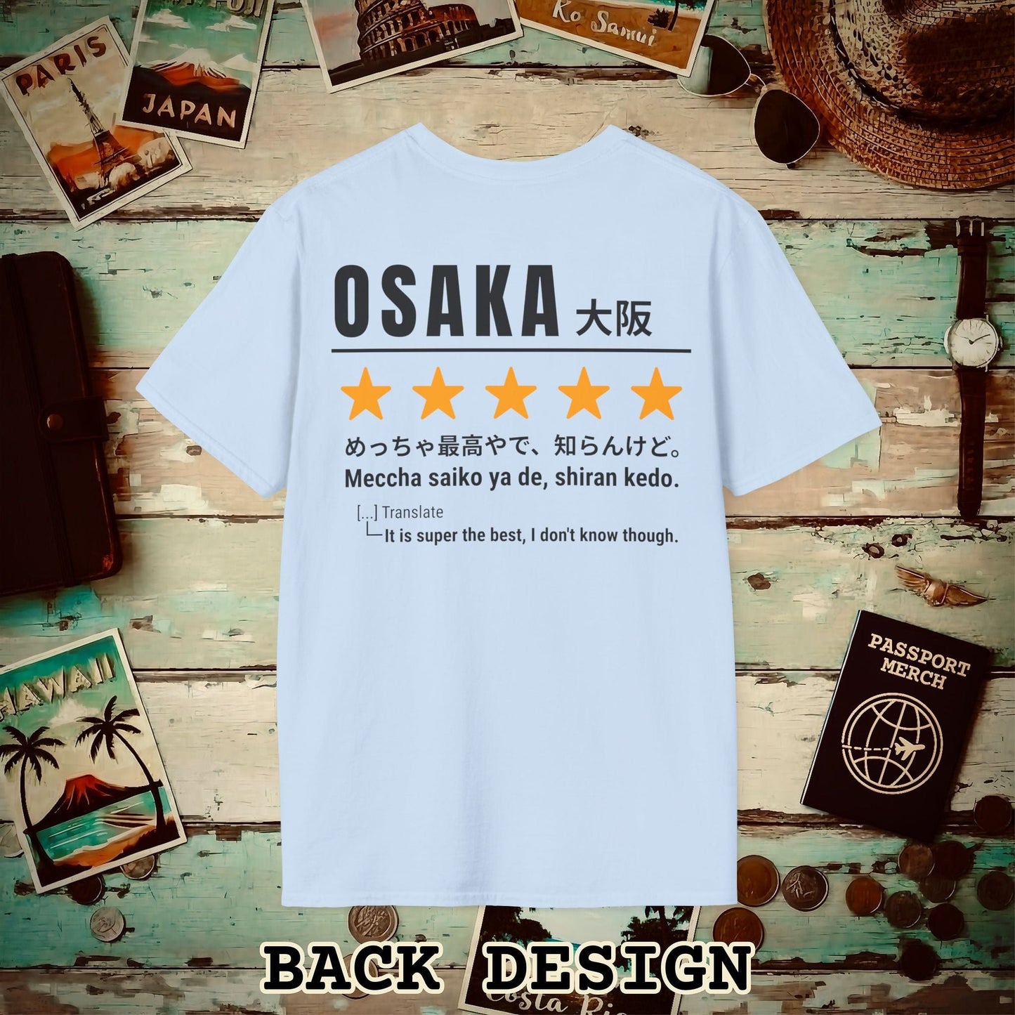 Osaka Shiran Kedo 5-Star Review, Japan Back Print T-Shirt Light Blue / S