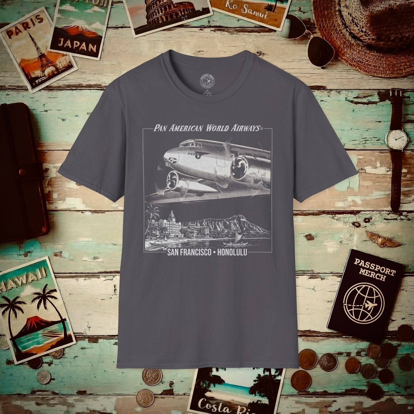 Pan Am 1950s San Francisco-Honolulu Route, Hawaii (OFFICIAL) T-Shirt Charcoal / S
