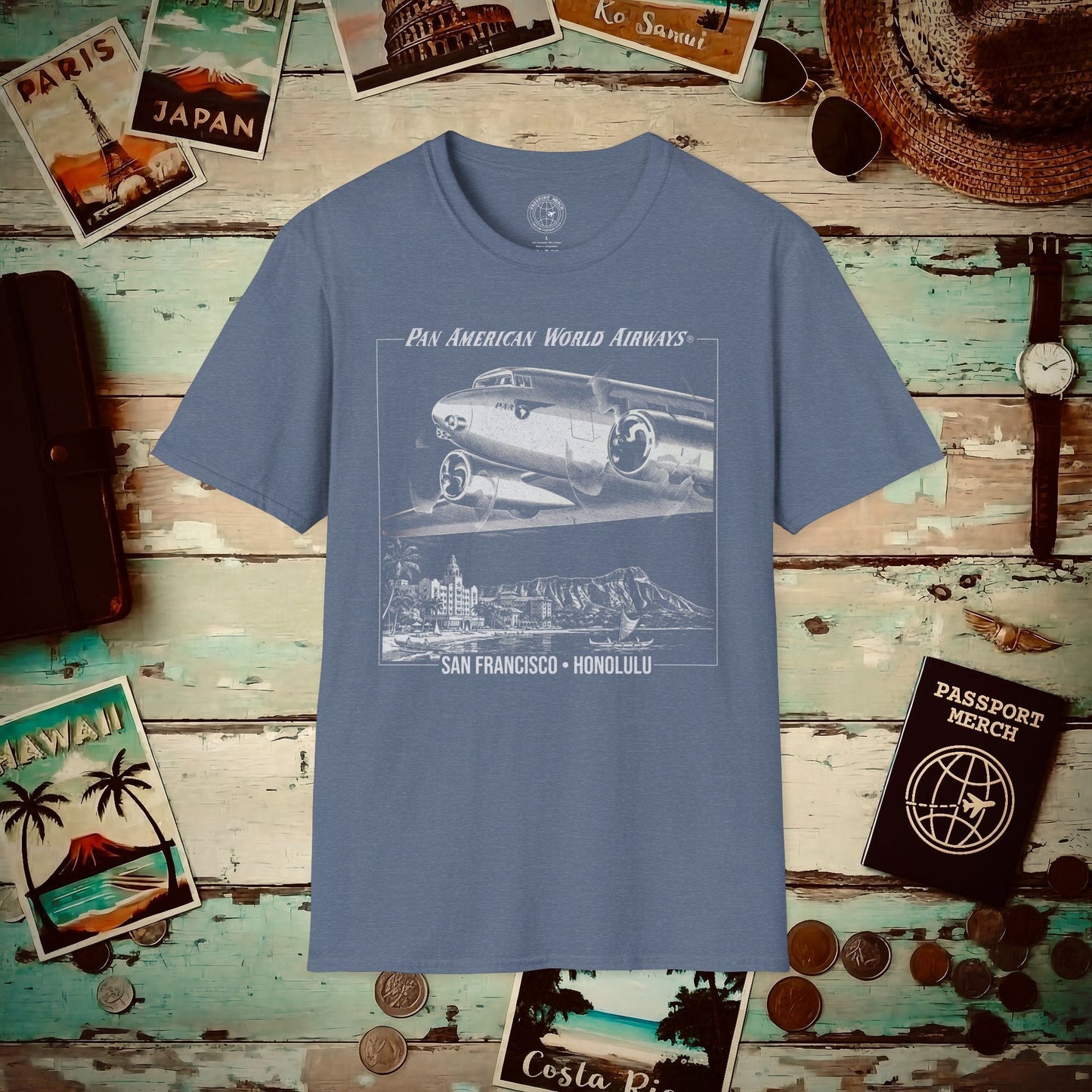 Pan Am 1950s San Francisco-Honolulu Route, Hawaii (OFFICIAL) T-Shirt Heather Indigo / S