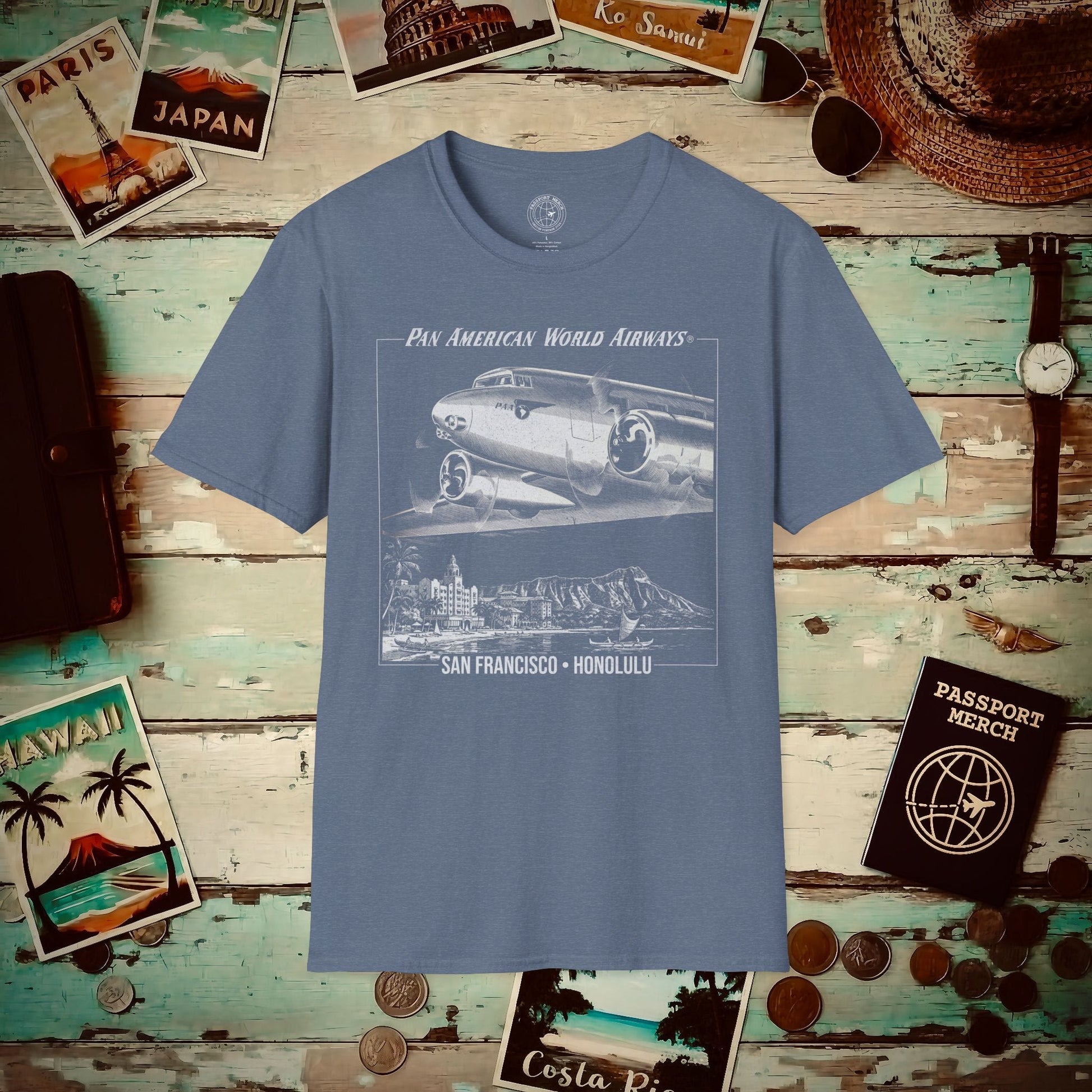 Pan Am 1950s San Francisco-Honolulu Route, Hawaii (OFFICIAL) T-Shirt Heather Indigo / S