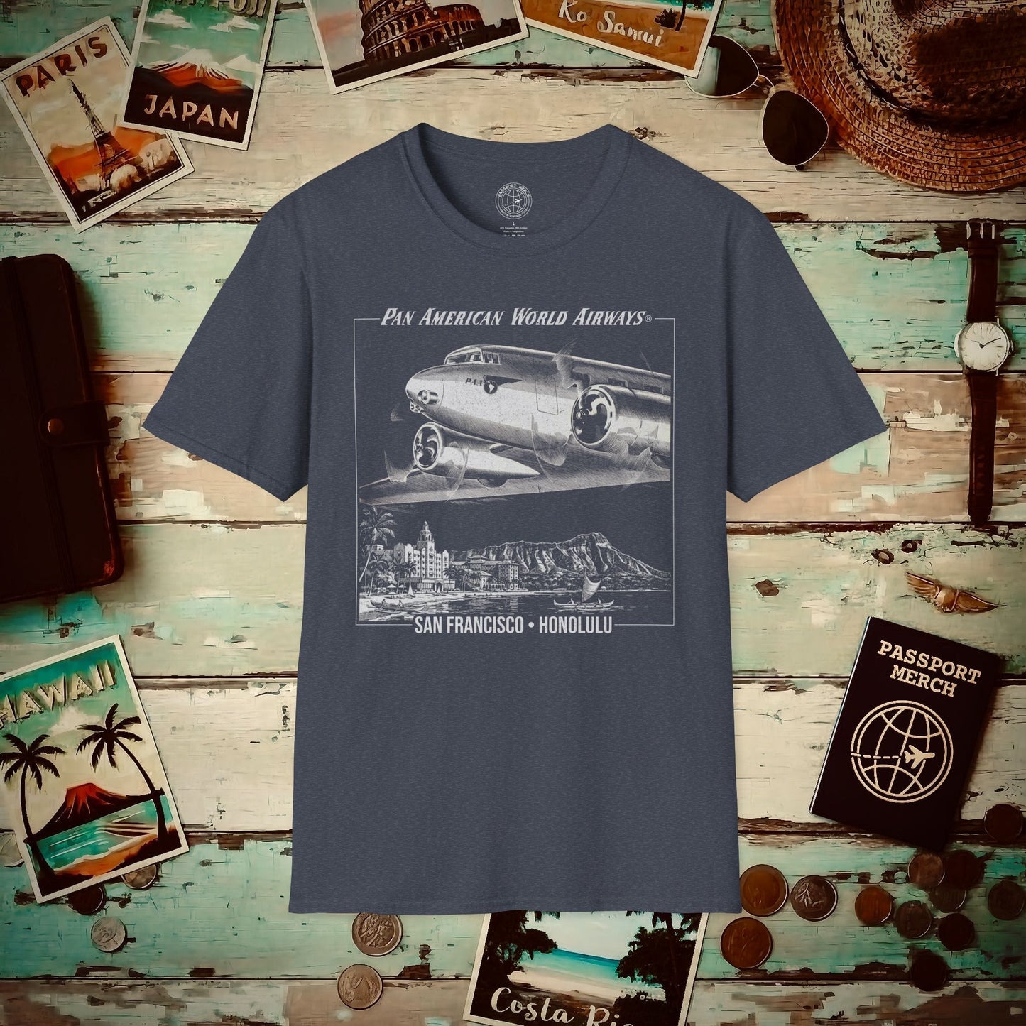 Pan Am 1950s San Francisco-Honolulu Route, Hawaii (OFFICIAL) T-Shirt Heather Navy / S