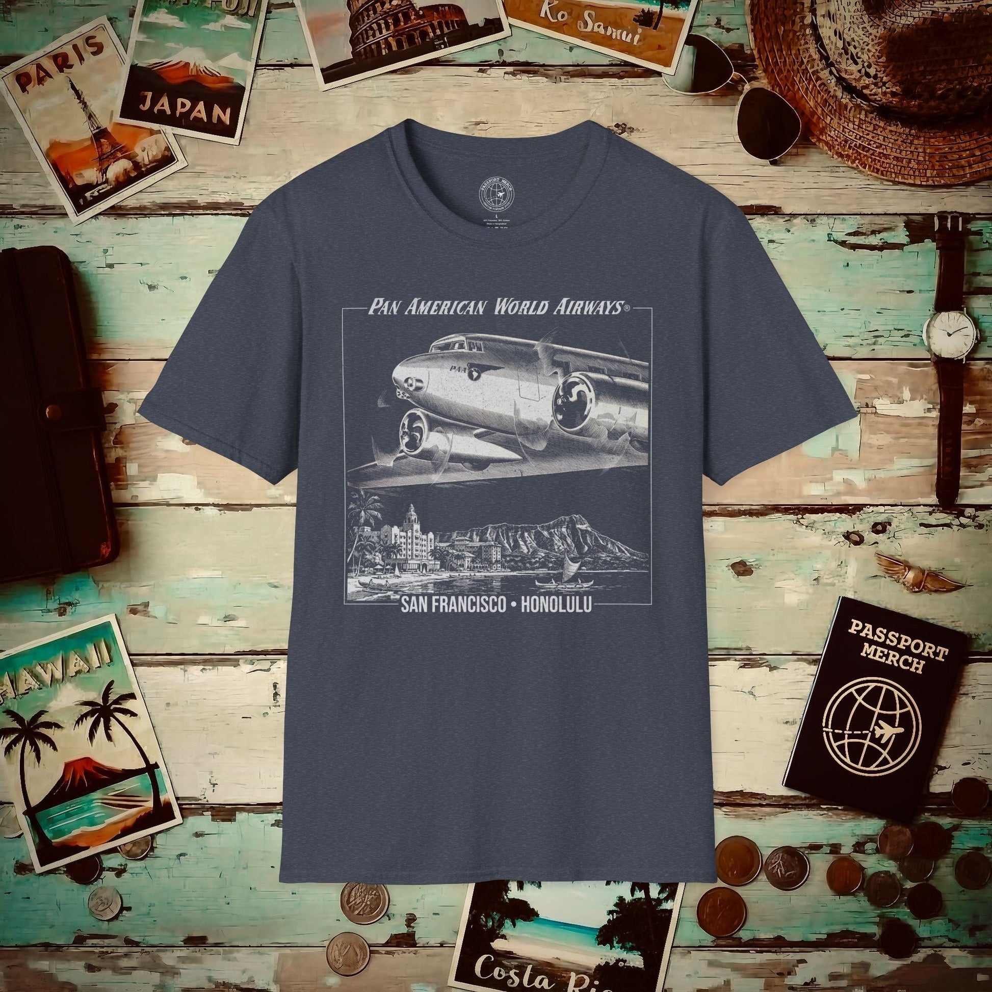 Pan Am 1950s San Francisco-Honolulu Route, Hawaii (OFFICIAL) T-Shirt Heather Navy / S