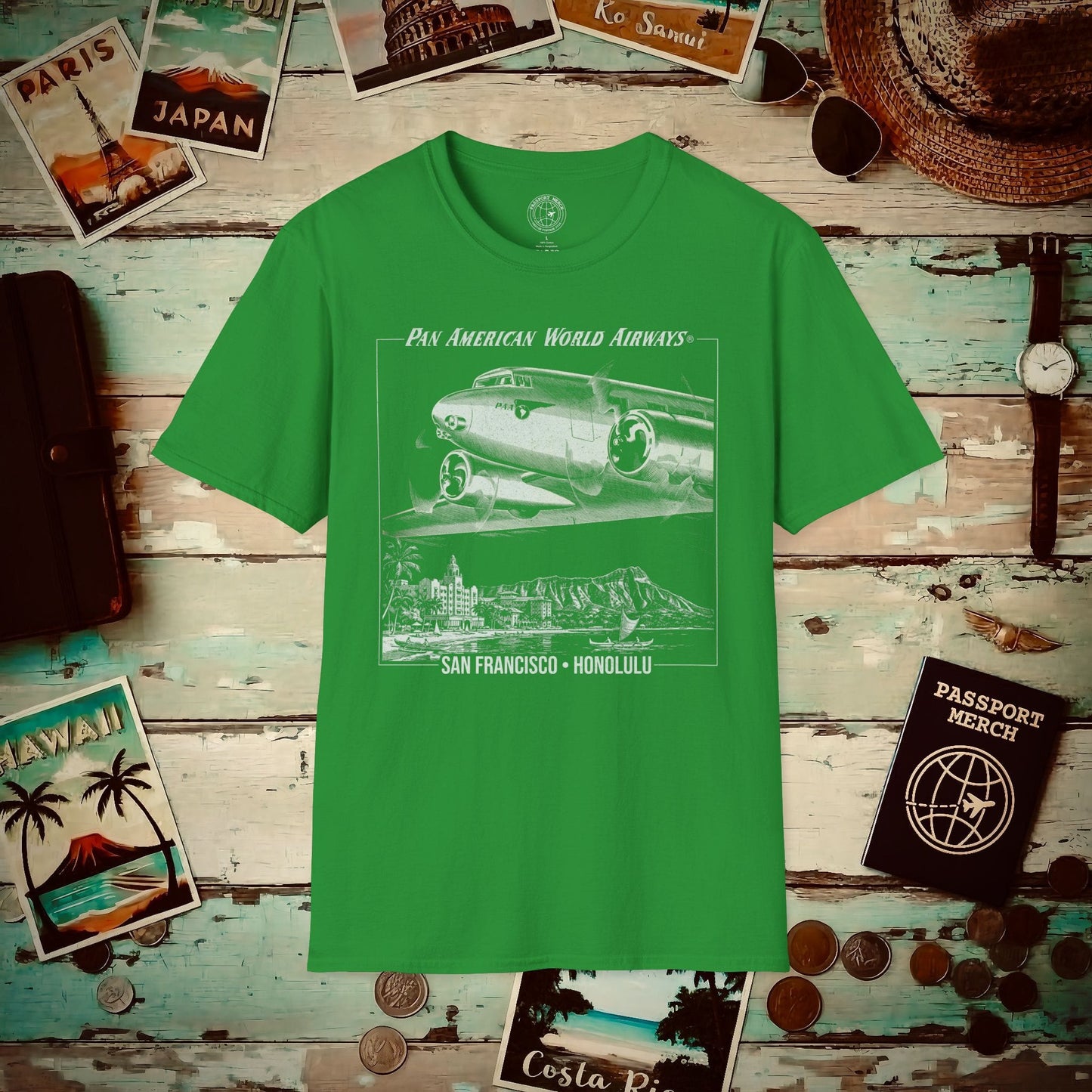 Pan Am 1950s San Francisco-Honolulu Route, Hawaii (OFFICIAL) T-Shirt Irish Green / S