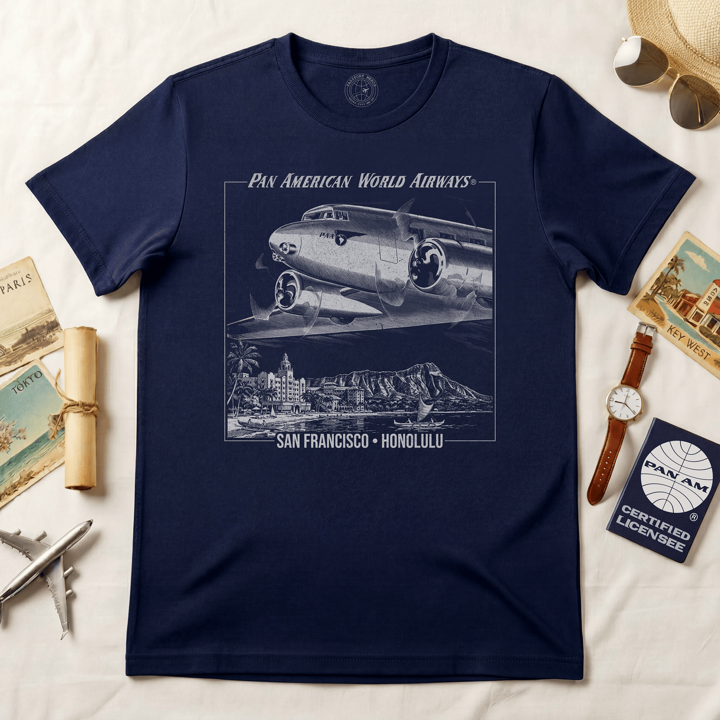 Pan Am 1950s San Francisco-Honolulu Route, Hawaii (OFFICIAL) T-Shirt Navy / S