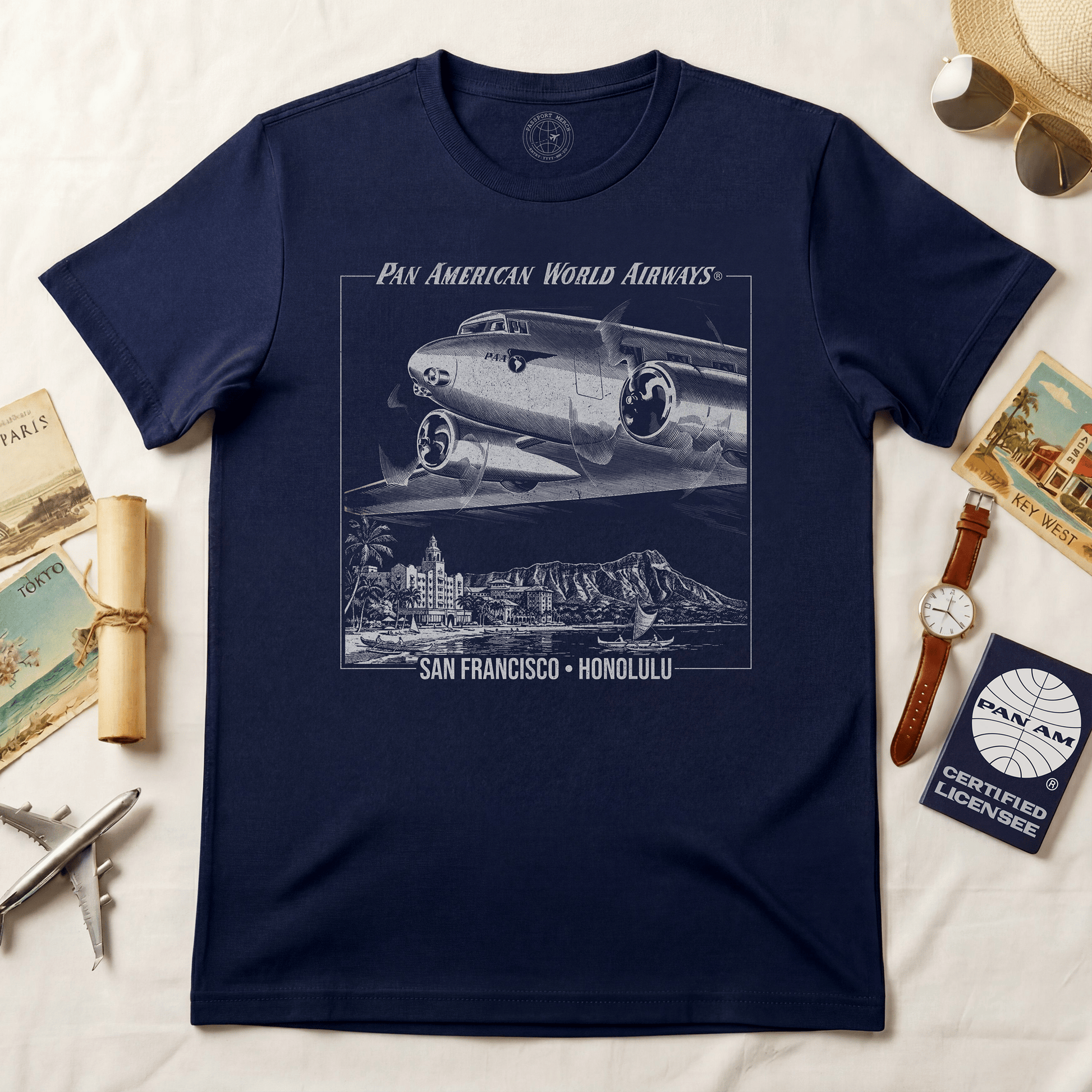 Pan Am 1950s San Francisco-Honolulu Route, Hawaii (OFFICIAL) T-Shirt Navy / S
