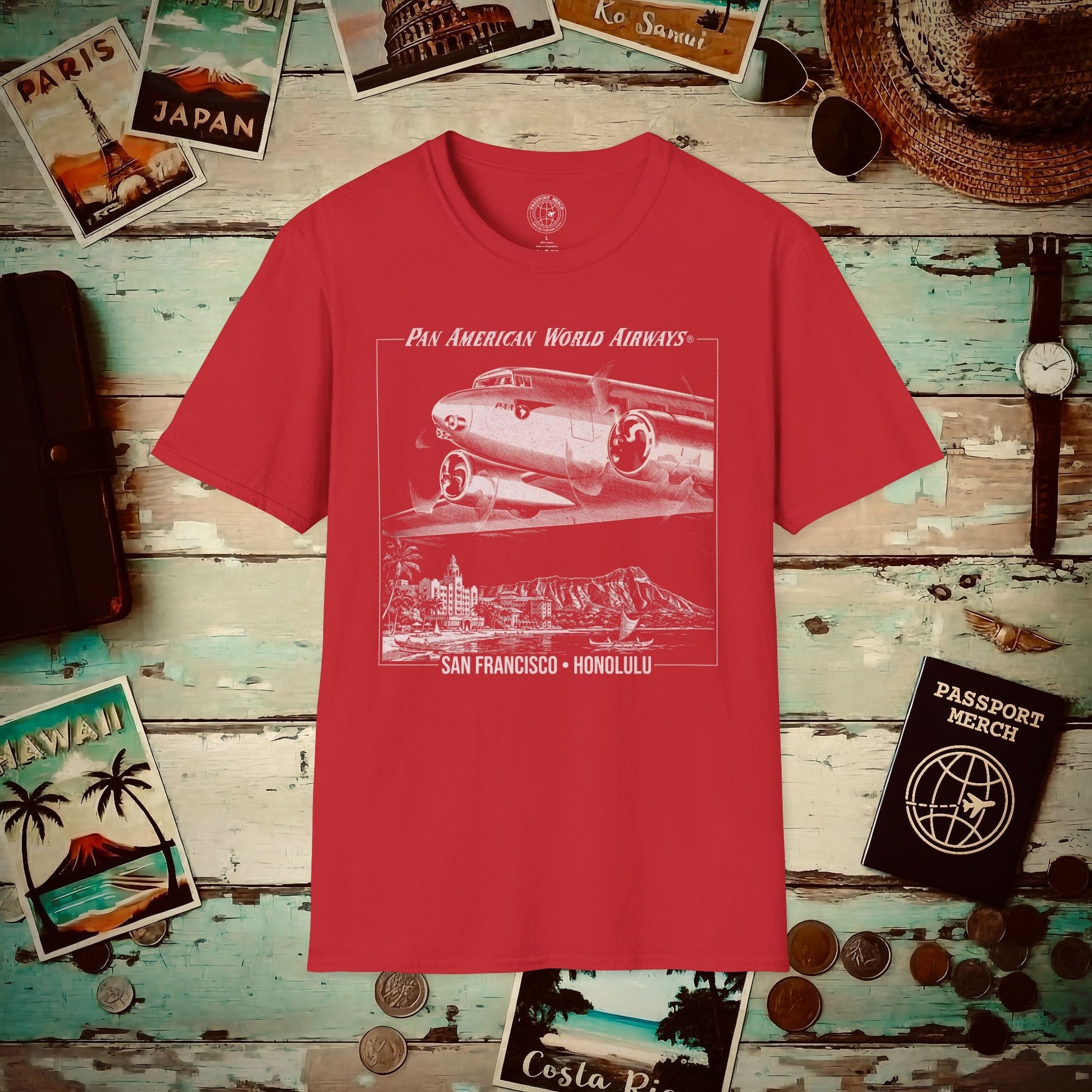 Pan Am 1950s San Francisco-Honolulu Route, Hawaii (OFFICIAL) T-Shirt Red / S