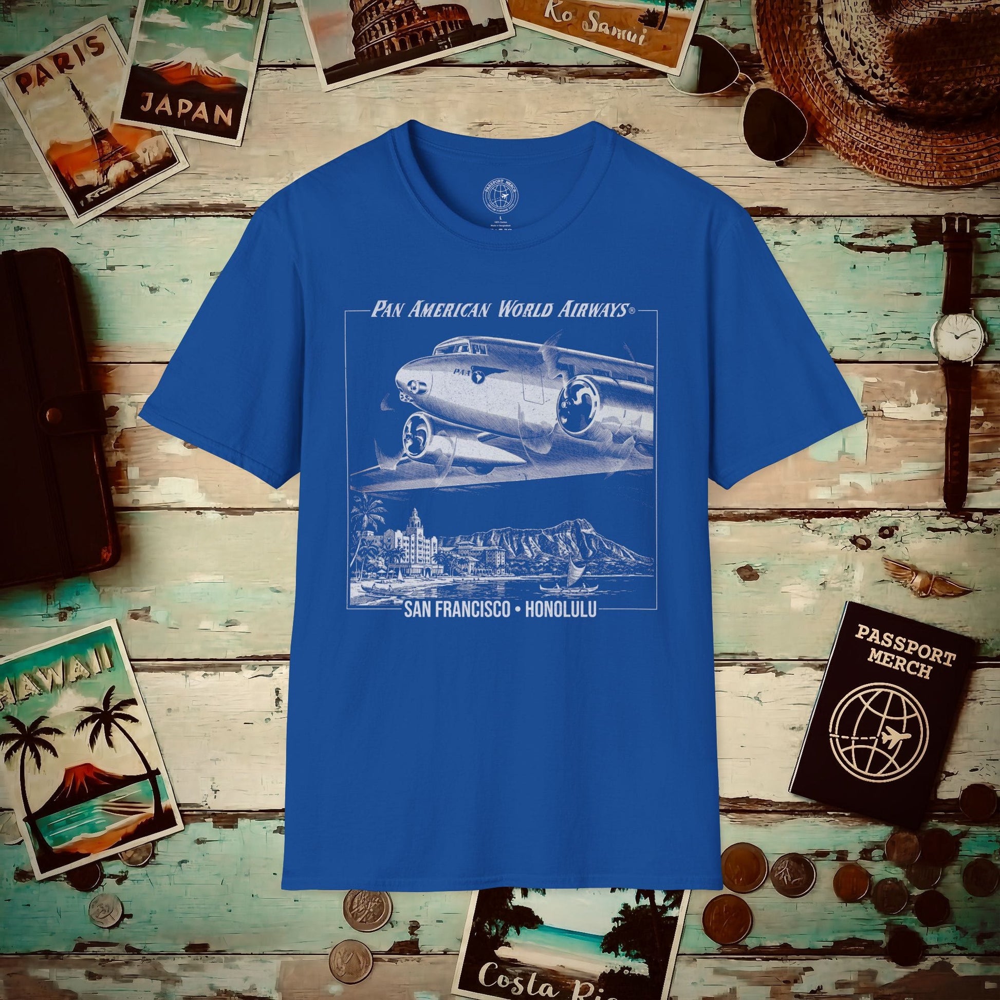Pan Am 1950s San Francisco-Honolulu Route, Hawaii (OFFICIAL) T-Shirt Royal / S