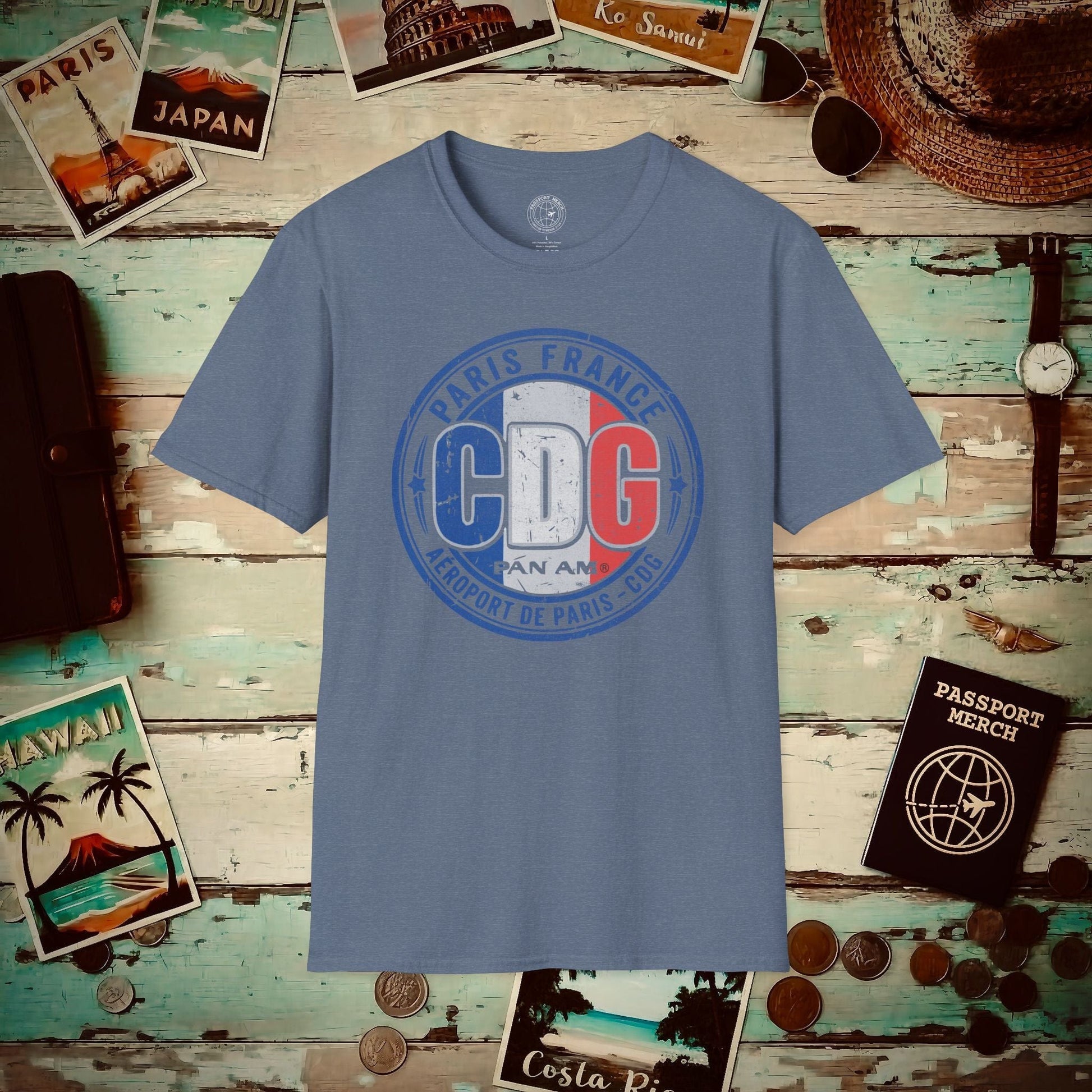 Pan Am CDG, Paris, France Vintage Airport Code (OFFICIAL) T-Shirt Heather Indigo / S