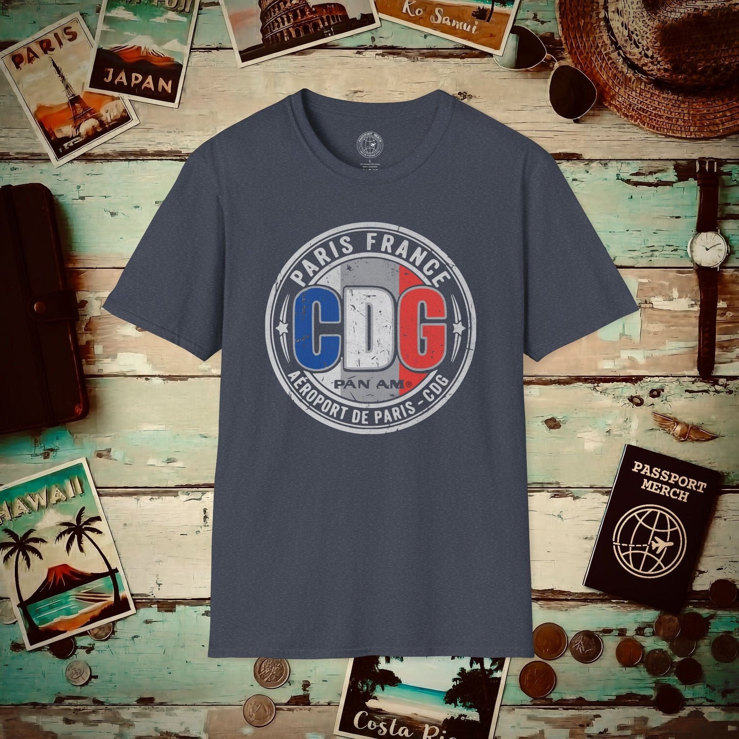 Pan Am CDG, Paris, France Vintage Airport Code (OFFICIAL) T-Shirt Heather Navy / S