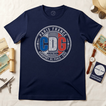 Pan Am CDG, Paris, France Vintage Airport Code (OFFICIAL) T-Shirt Navy / S