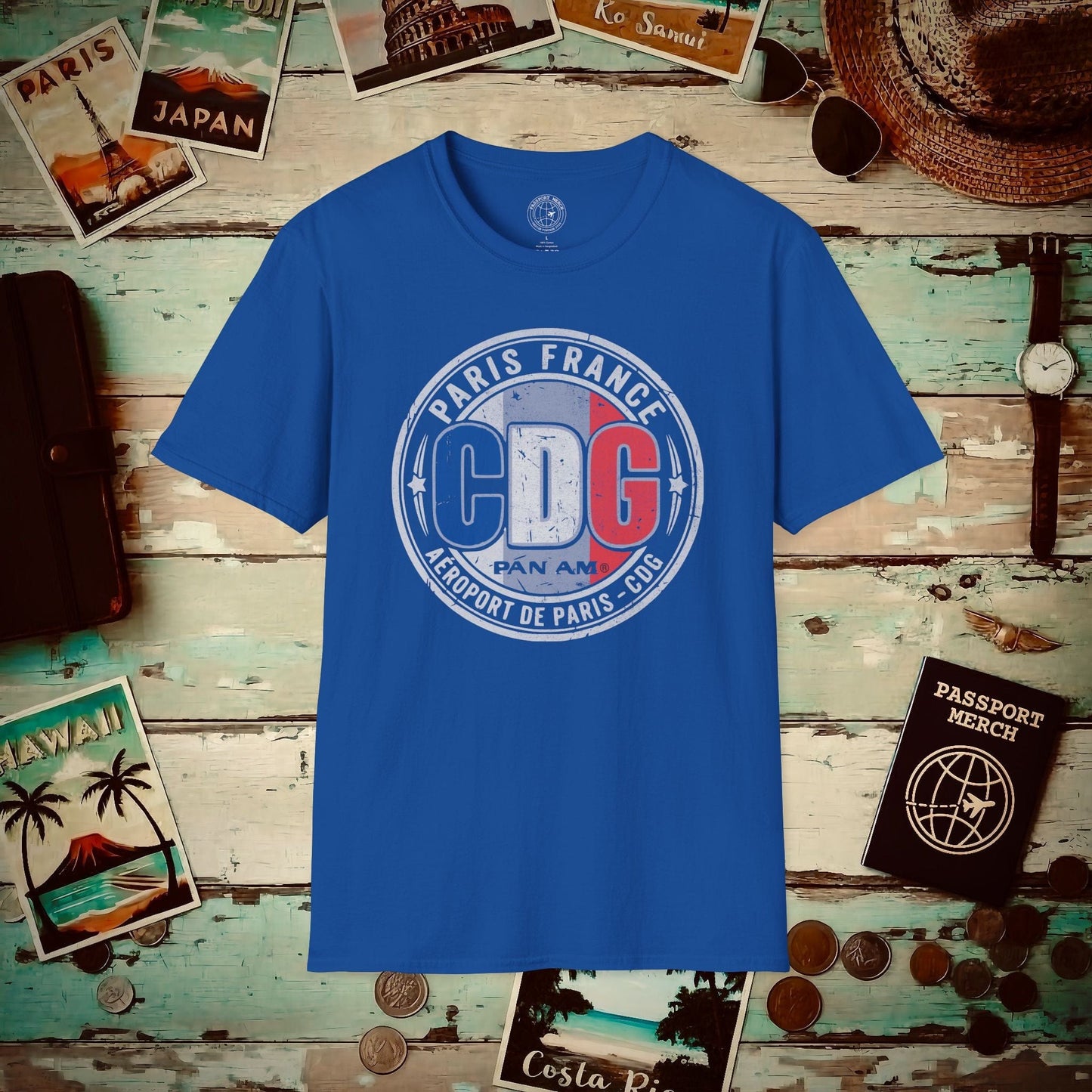 Pan Am CDG, Paris, France Vintage Airport Code (OFFICIAL) T-Shirt Royal / S