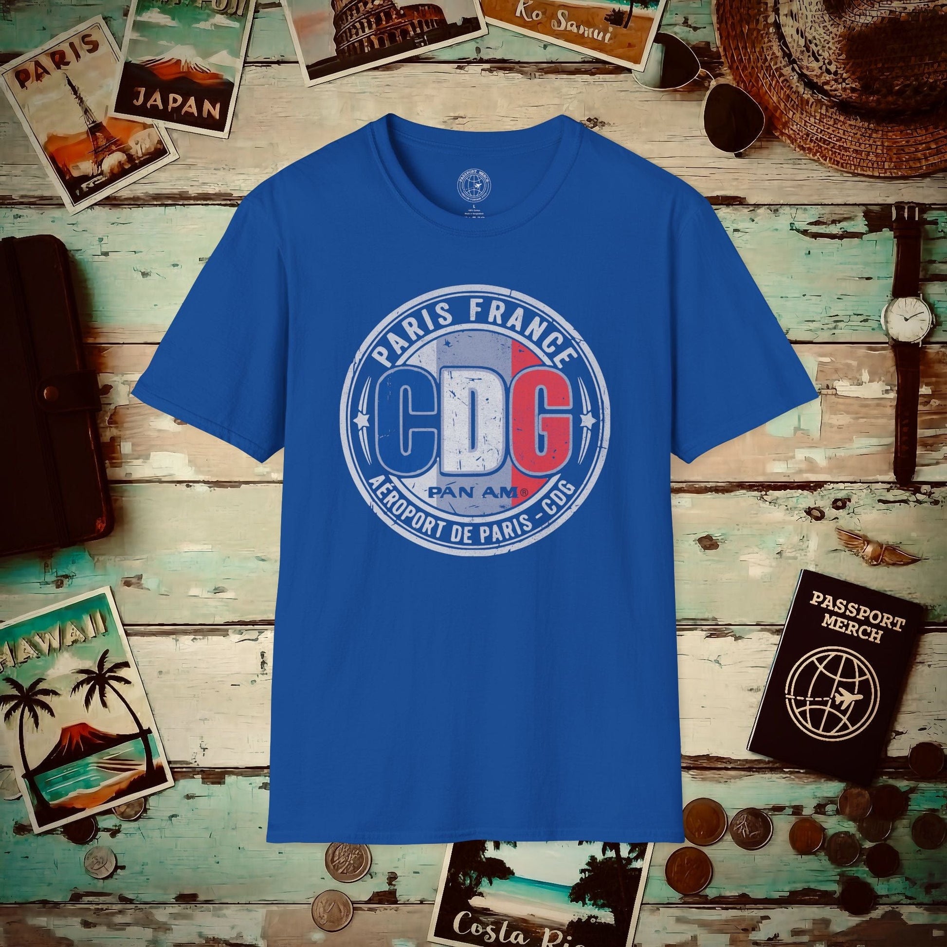 Pan Am CDG, Paris, France Vintage Airport Code (OFFICIAL) T-Shirt Royal / S