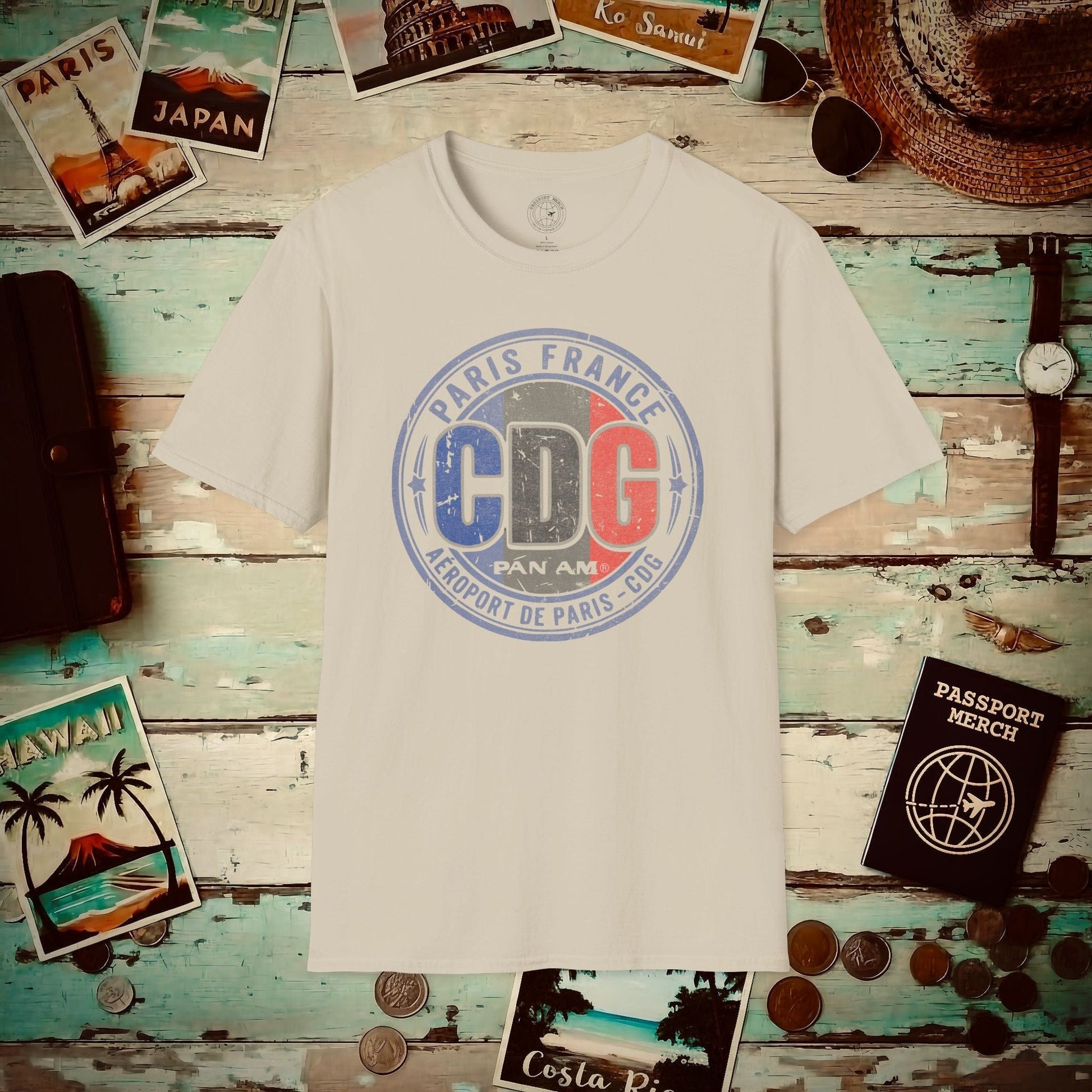 Pan Am CDG, Paris, France Vintage Airport Code (OFFICIAL) T-Shirt Sand / S