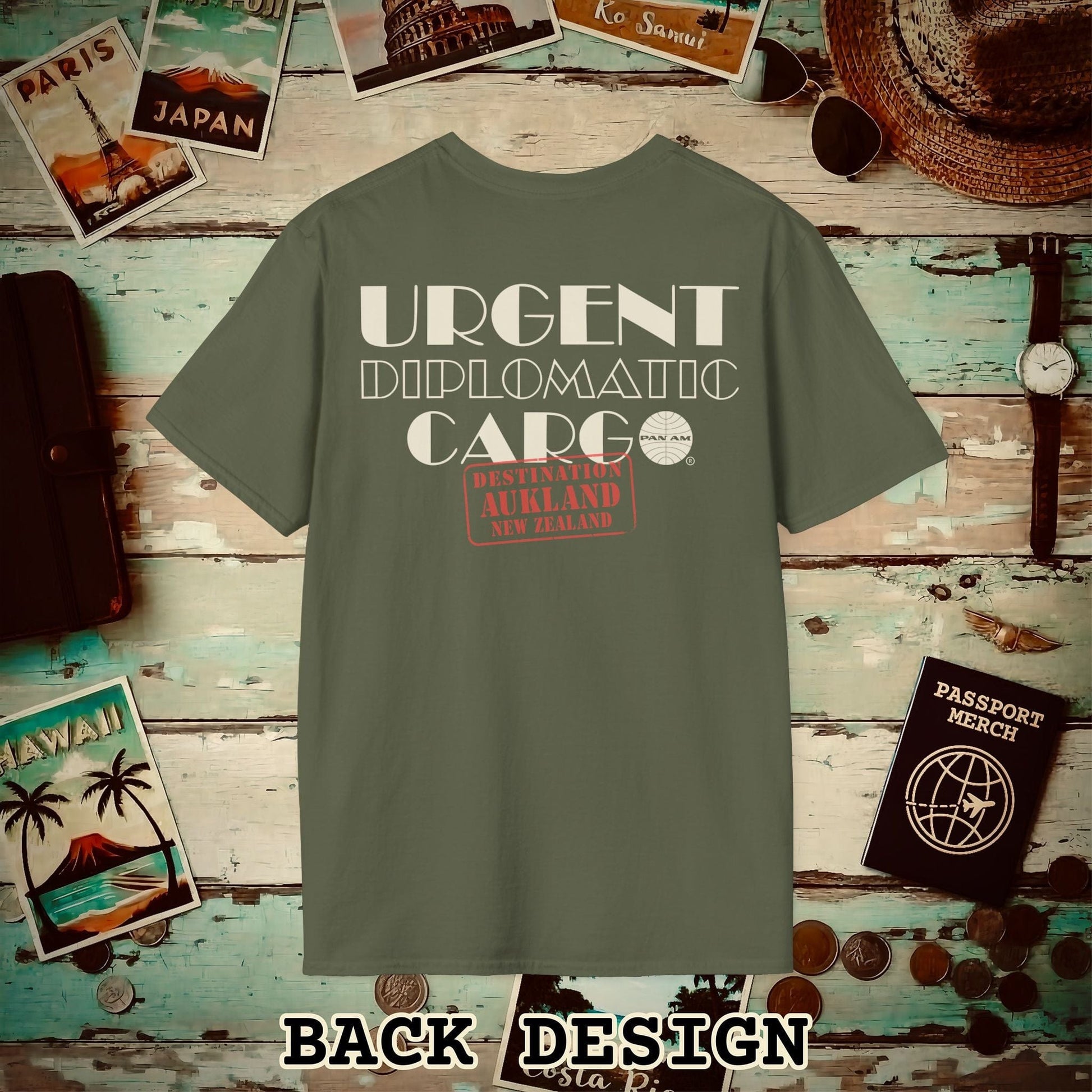 Pan Am Diplomatic Cargo - Aukland, New Zealand (OFFICIAL) Back Print T-Shirt Military Green / S
