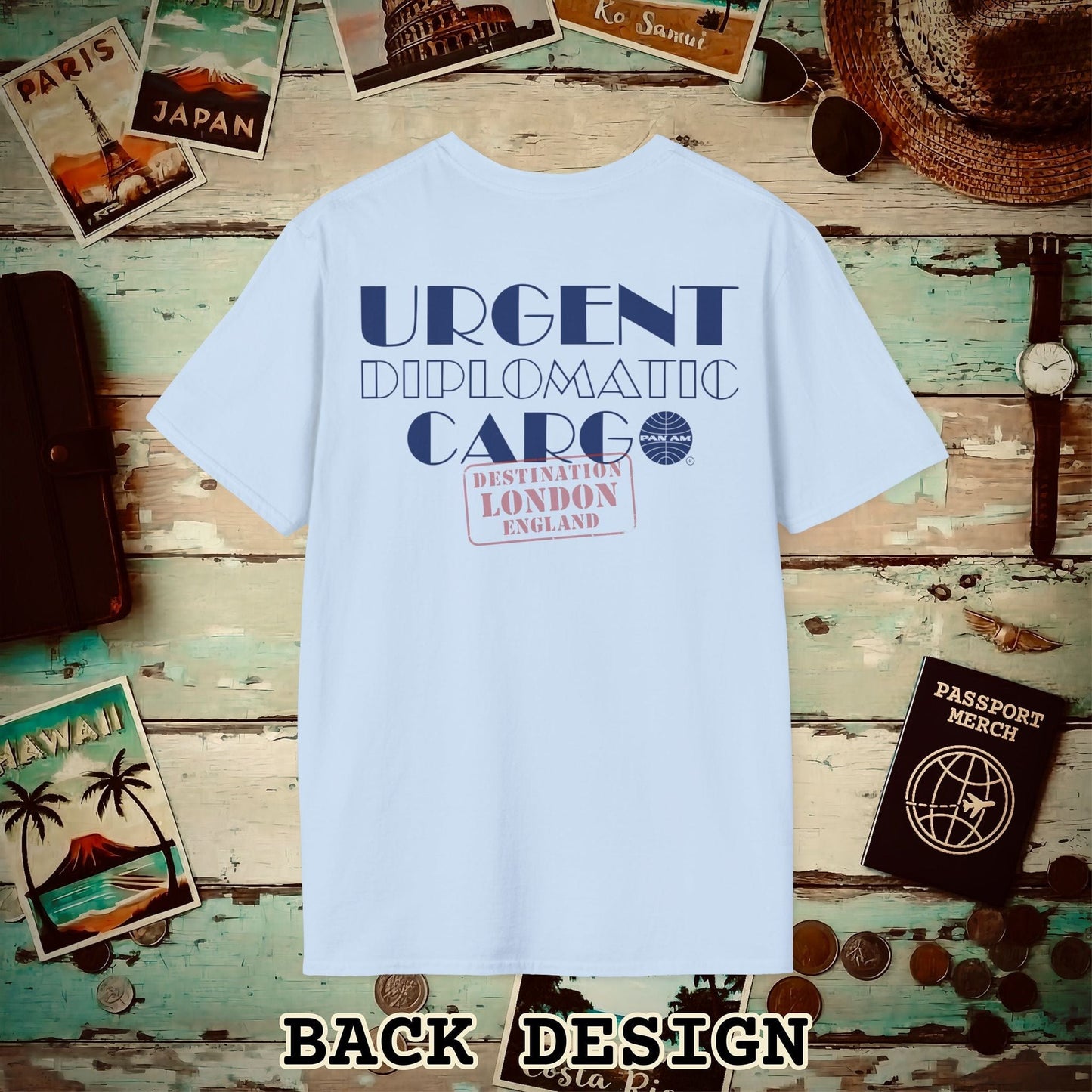 Pan Am Diplomatic Cargo - London, England (OFFICIAL) Back Print T-Shirt Light Blue / S