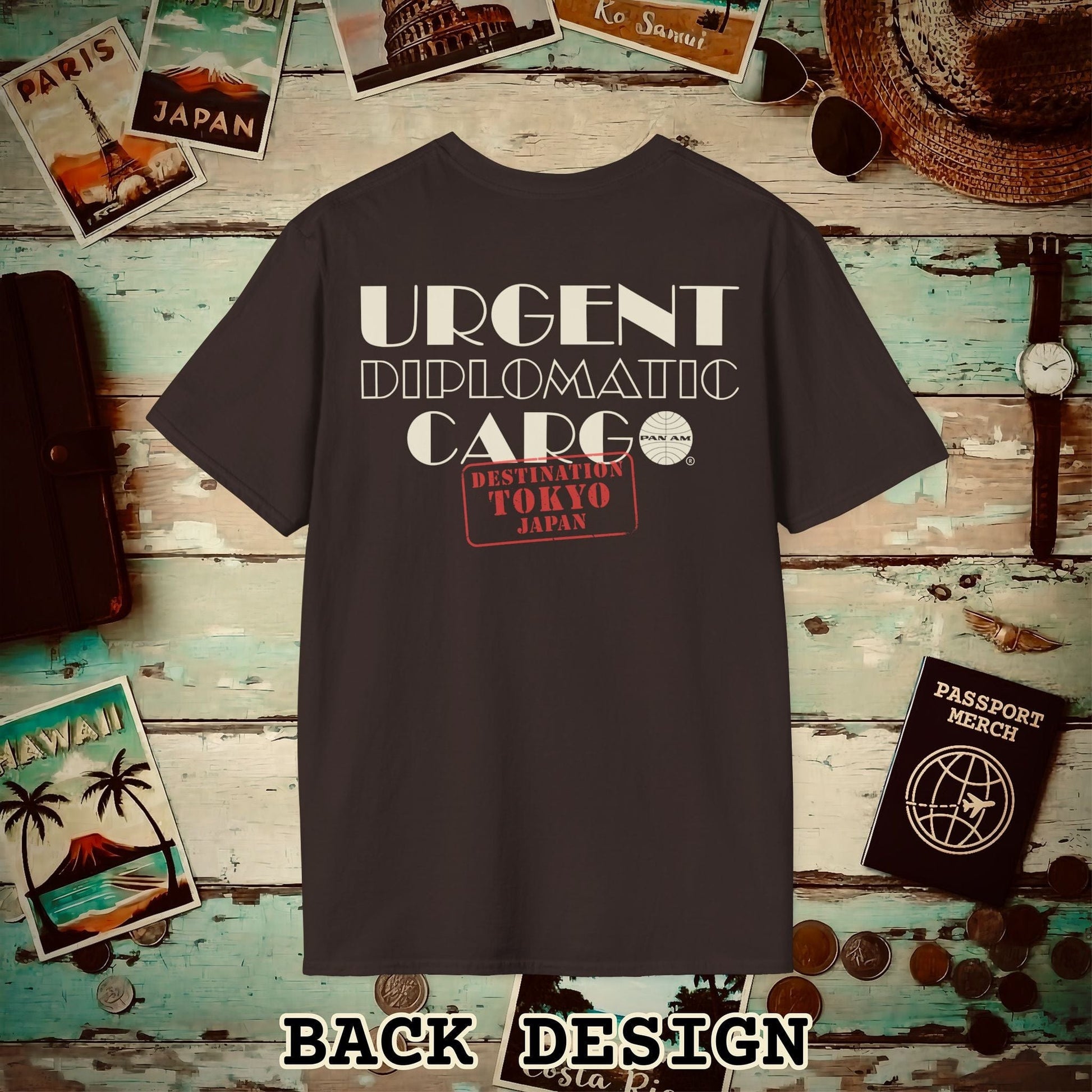 Pan Am Diplomatic Cargo - Tokyo, Japan (OFFICIAL) Back Print T-Shirt Dark Chocolate / S