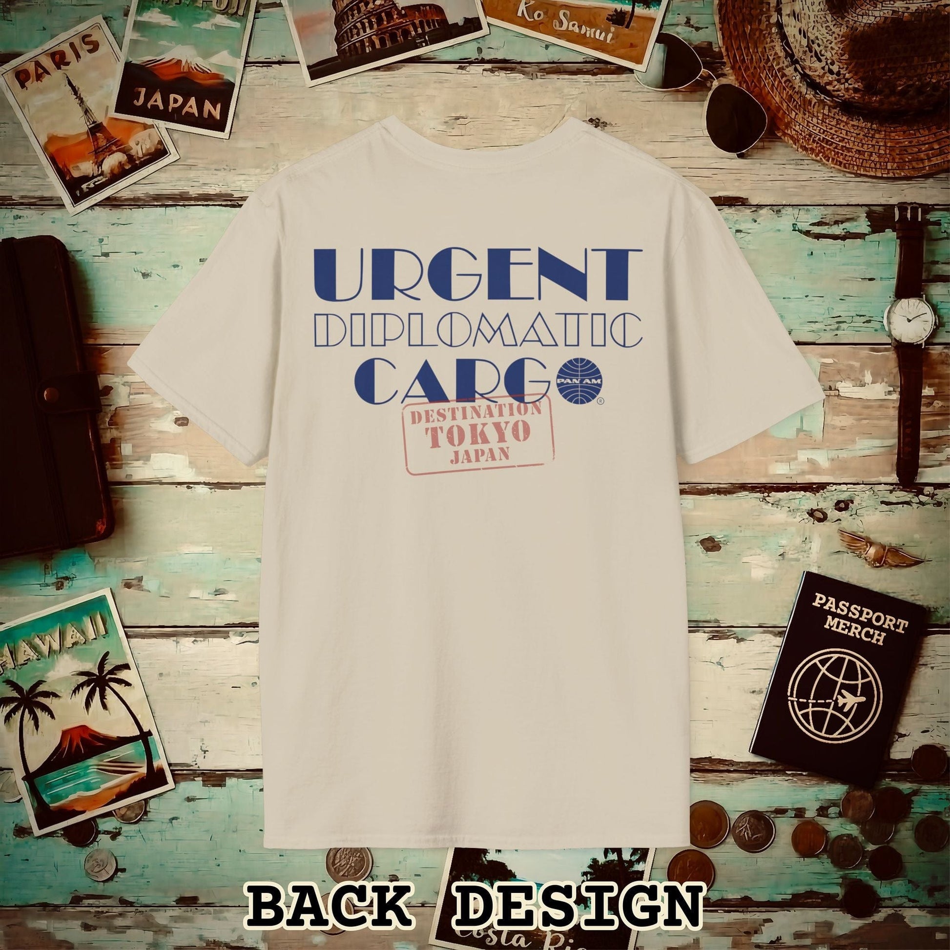 Pan Am Diplomatic Cargo - Tokyo, Japan (OFFICIAL) Back Print T-Shirt Sand / S