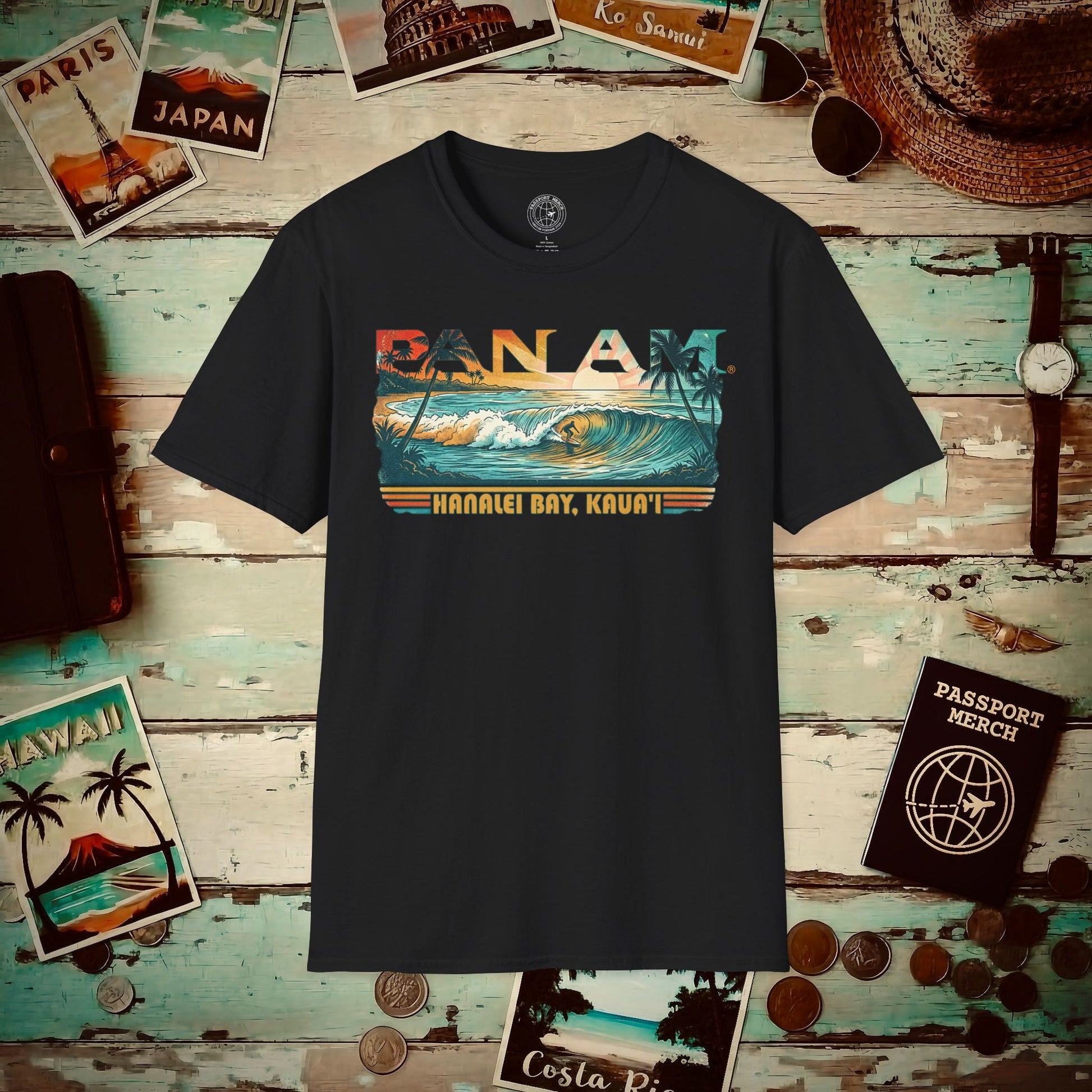 Pan Am Hanalei Bay, Kauai, Hawaii - Surf Retro (OFFICIAL) T-Shirt Black / S