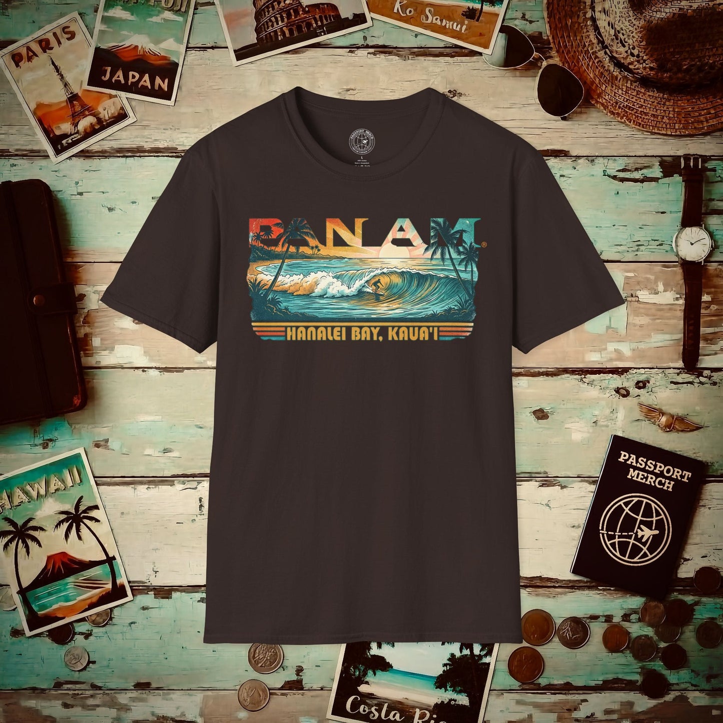 Pan Am Hanalei Bay, Kauai, Hawaii - Surf Retro (OFFICIAL) T-Shirt Dark Chocolate / S