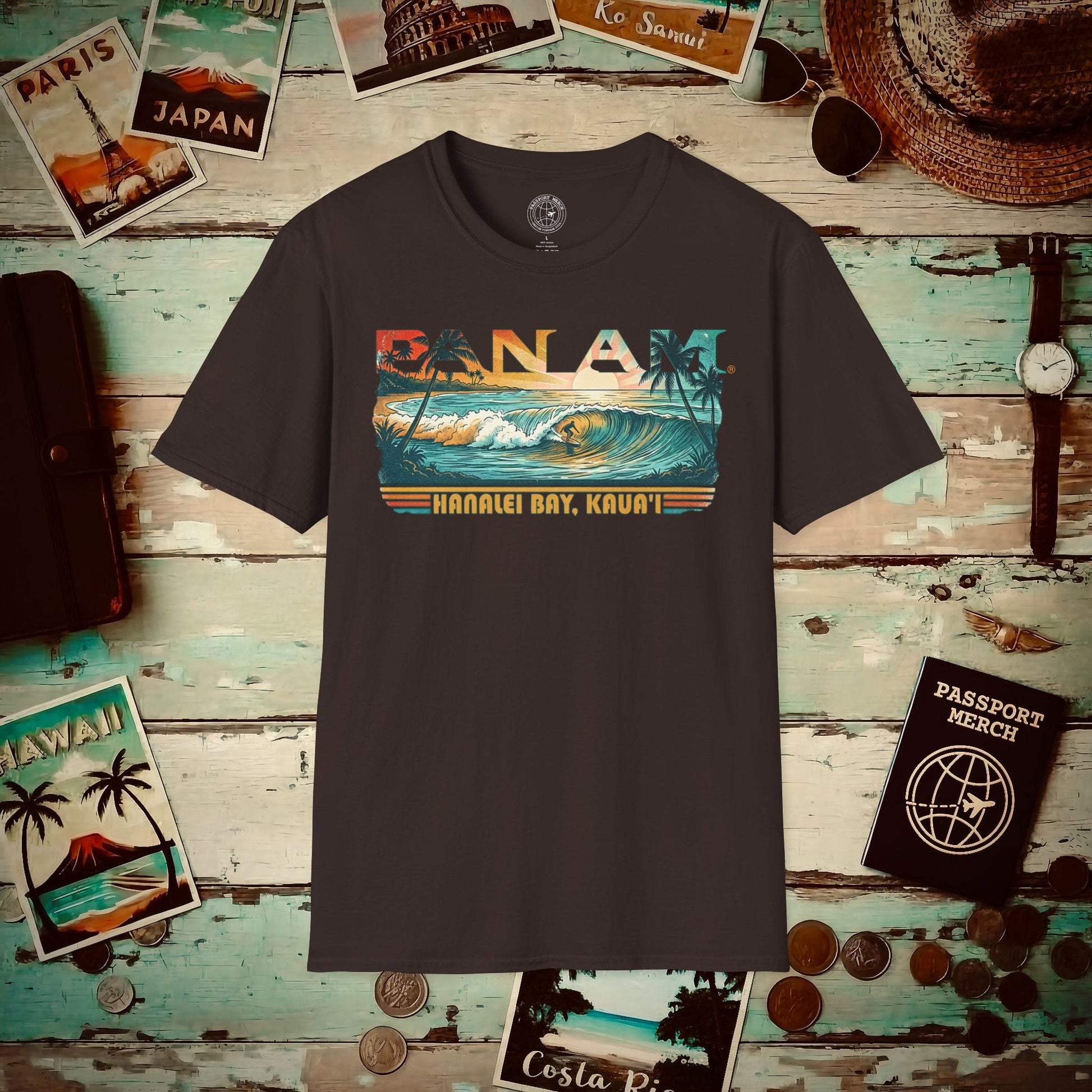 Pan Am Hanalei Bay, Kauai, Hawaii - Surf Retro (OFFICIAL) T-Shirt Dark Chocolate / S