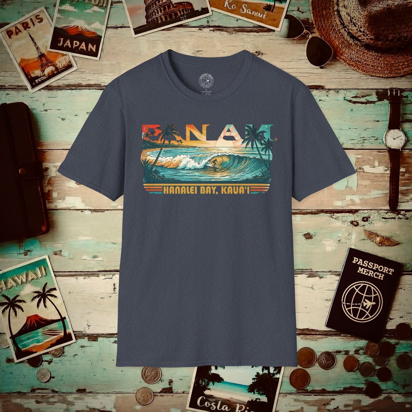 Pan Am Hanalei Bay, Kauai, Hawaii - Surf Retro (OFFICIAL) T-Shirt Heather Navy / S