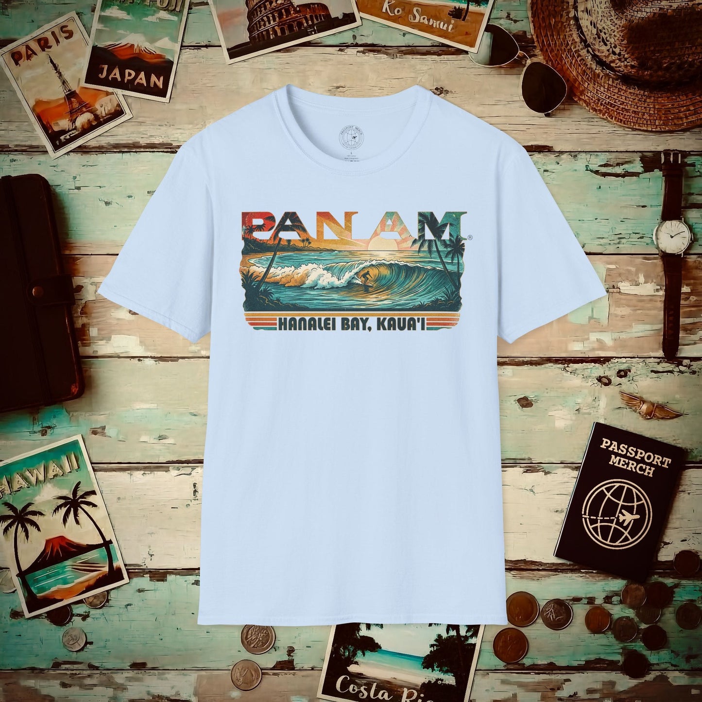 Pan Am Hanalei Bay, Kauai, Hawaii - Surf Retro (OFFICIAL) T-Shirt Light Blue / S