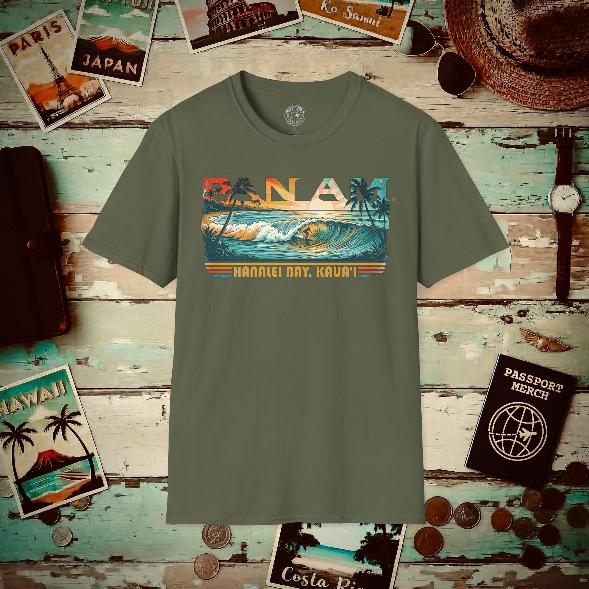 Pan Am Hanalei Bay, Kauai, Hawaii - Surf Retro (OFFICIAL) T-Shirt Military Green / S