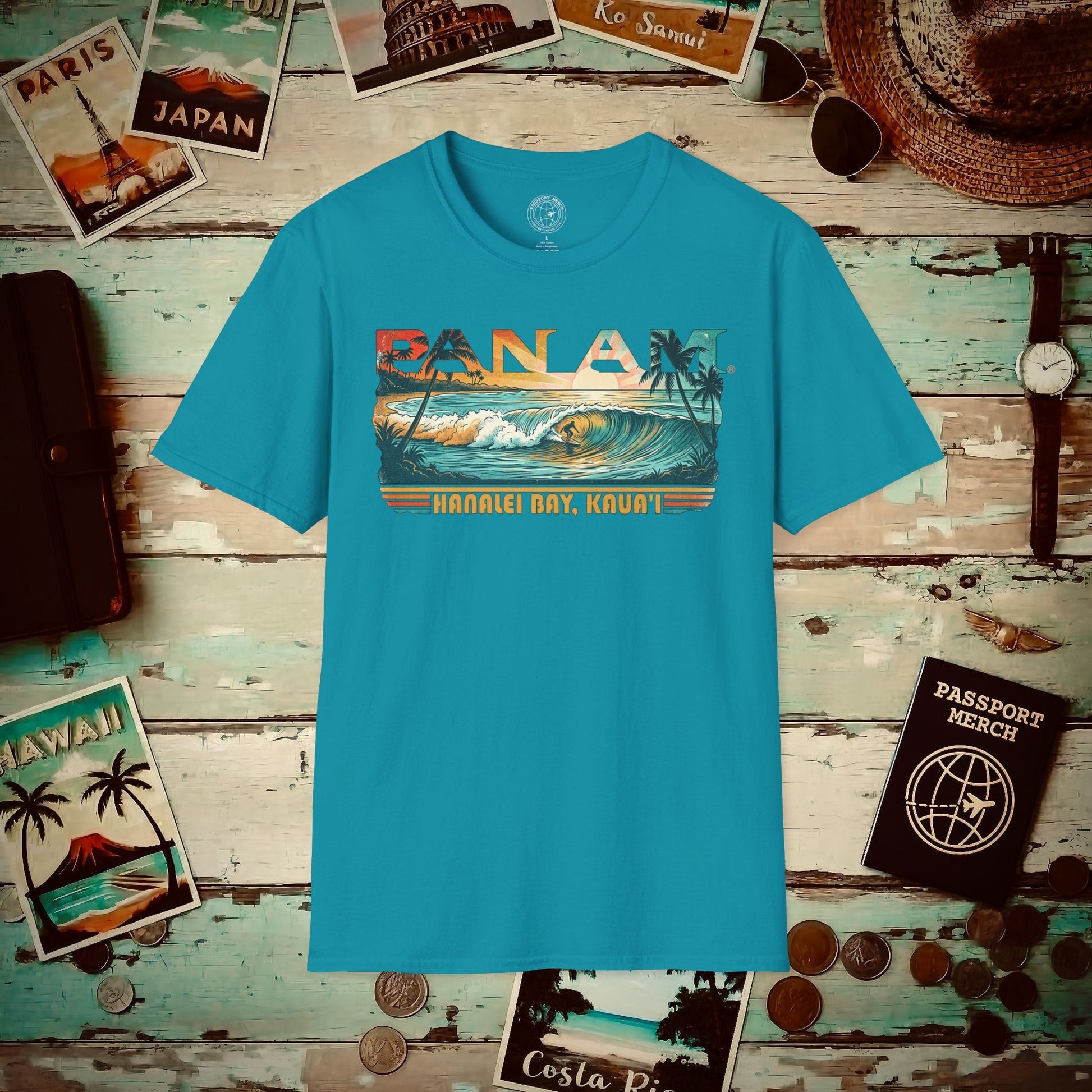 Pan Am Hanalei Bay, Kauai, Hawaii - Surf Retro (OFFICIAL) T-Shirt Tropical Blue / S