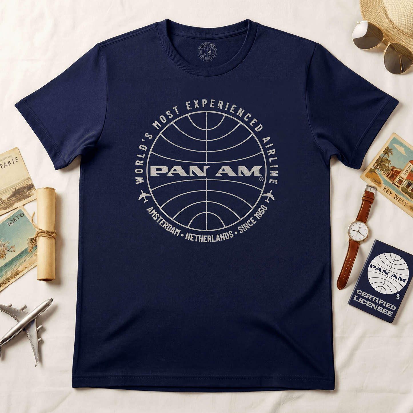 Pan Am Logo Inaugural Route - Amsterdam, Netherlands (OFFICIAL) T-Shirt Navy / S