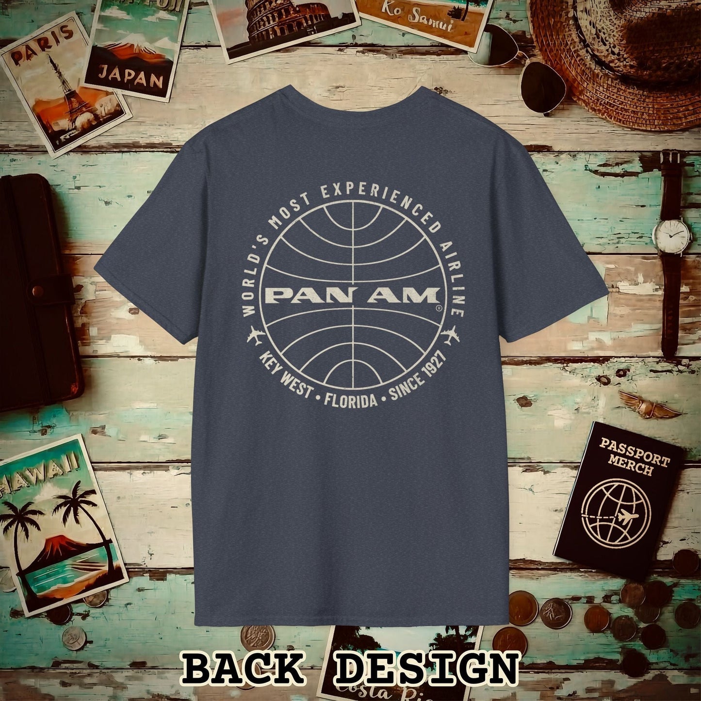 Pan Am Logo Inaugural Route - Key West, Florida (OFFICIAL) Back Print T-Shirt Heather Navy / S